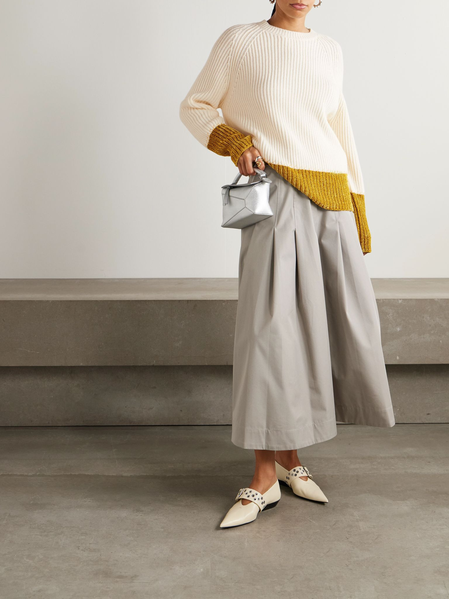 Two-tone ribbed wool sweater Cream - 2