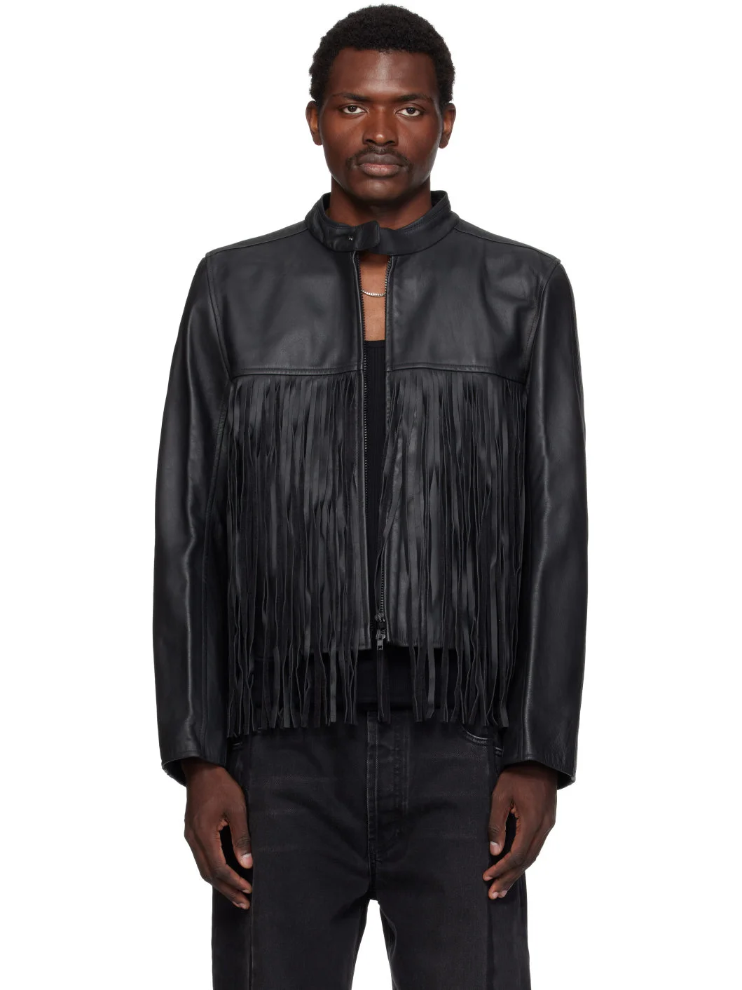 Black Fringed Boxy Moto Leather Jacket - 1