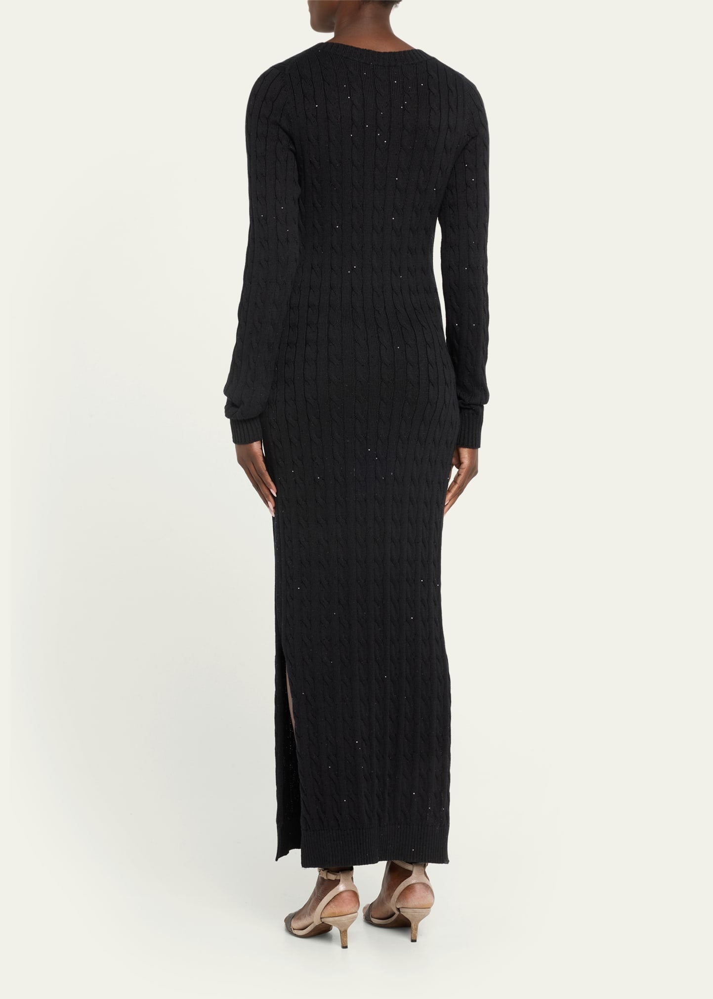 Paillette Cotton Cable-Knit Long-Sleeve Slits Sweater Gown - 3