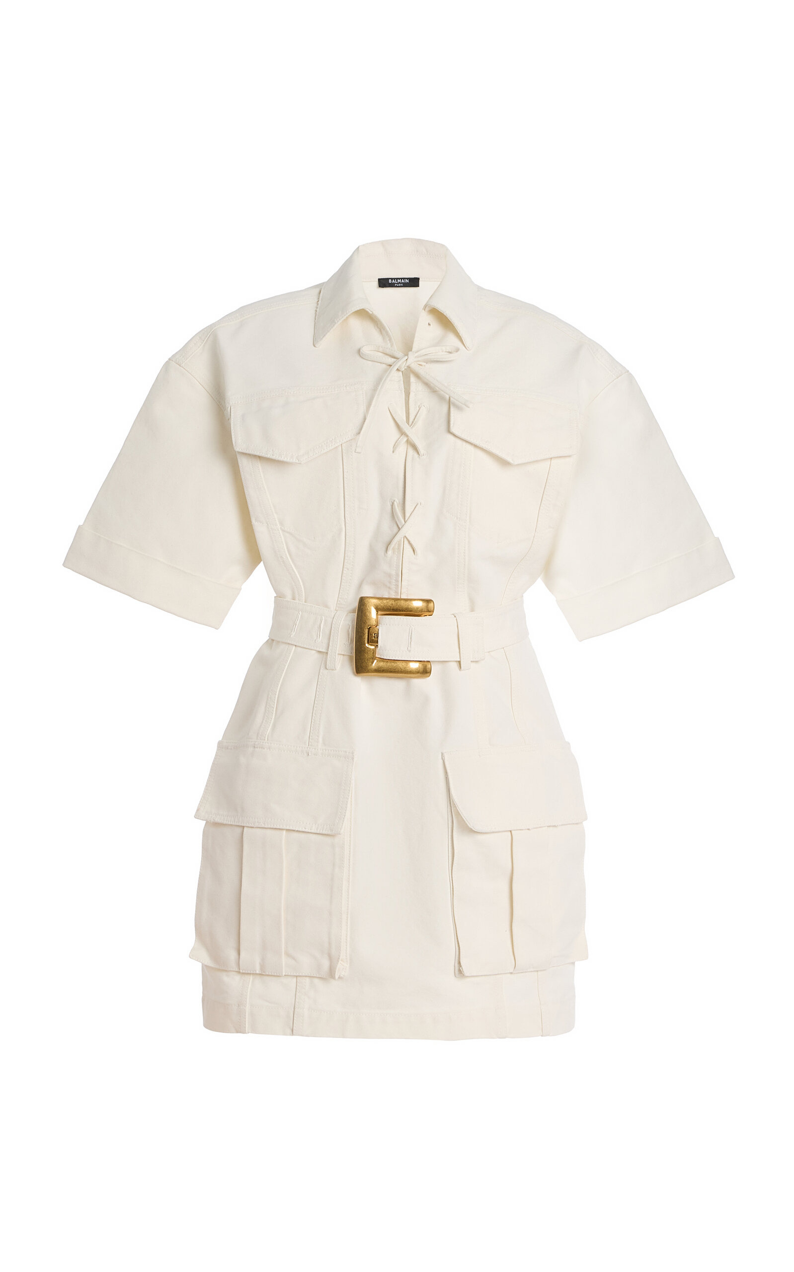 Belted Lace-Up Cotton-Canvas Mini Dress white - 1