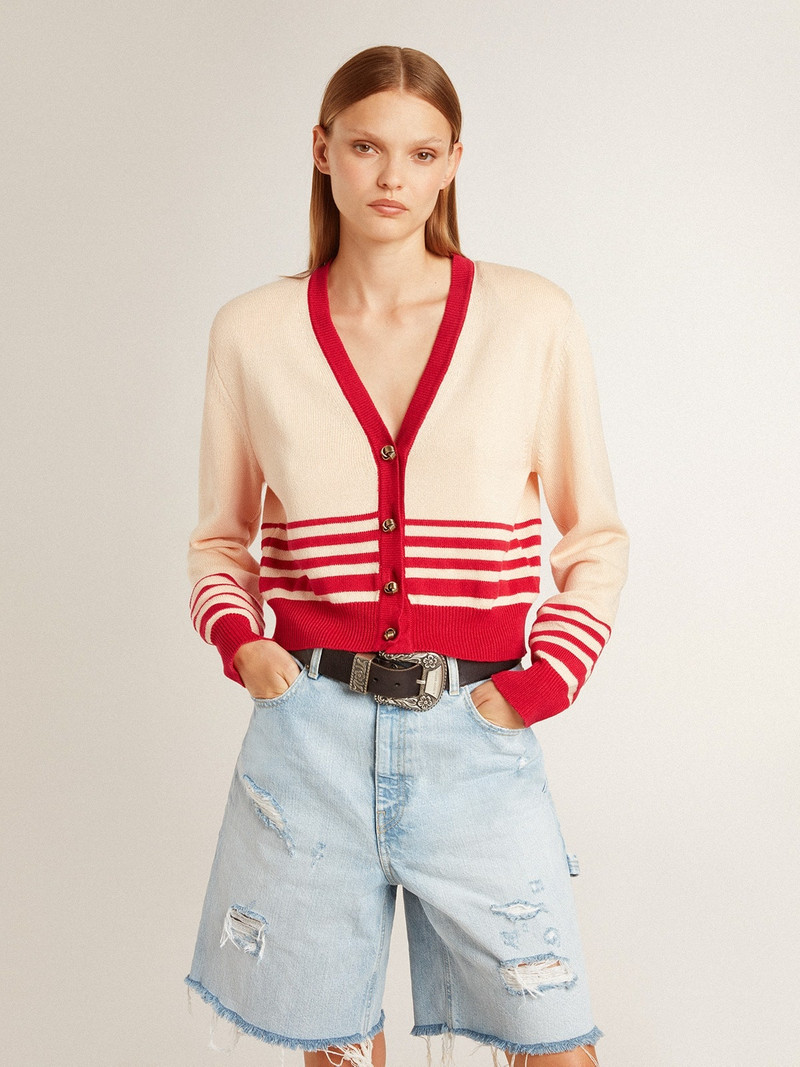 Golden Goose Women's cardigan in cream with red stripes outlook