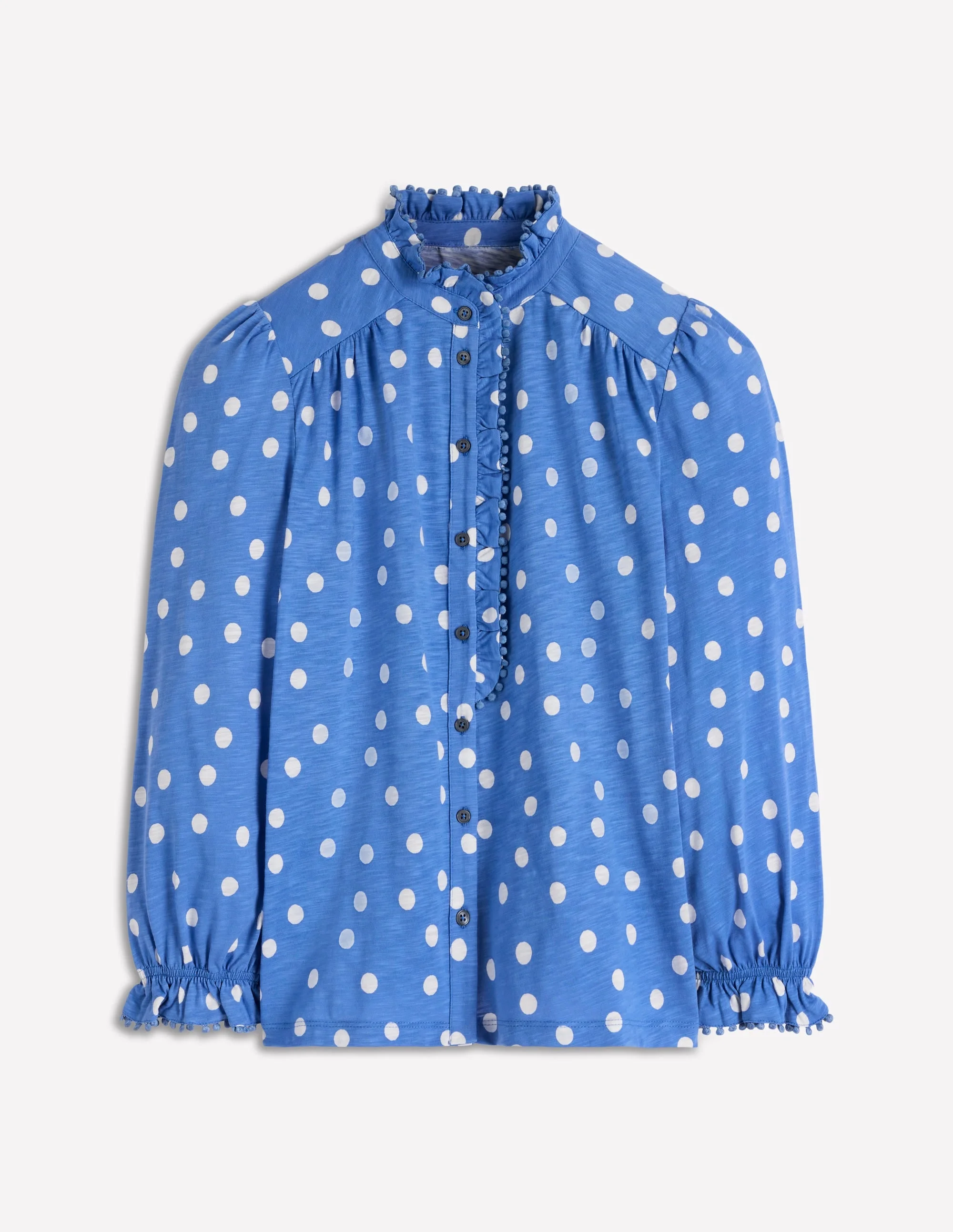 Emily Pom Detail Ruffle Shirt-Regatta, Painted Dot Spaced - 1