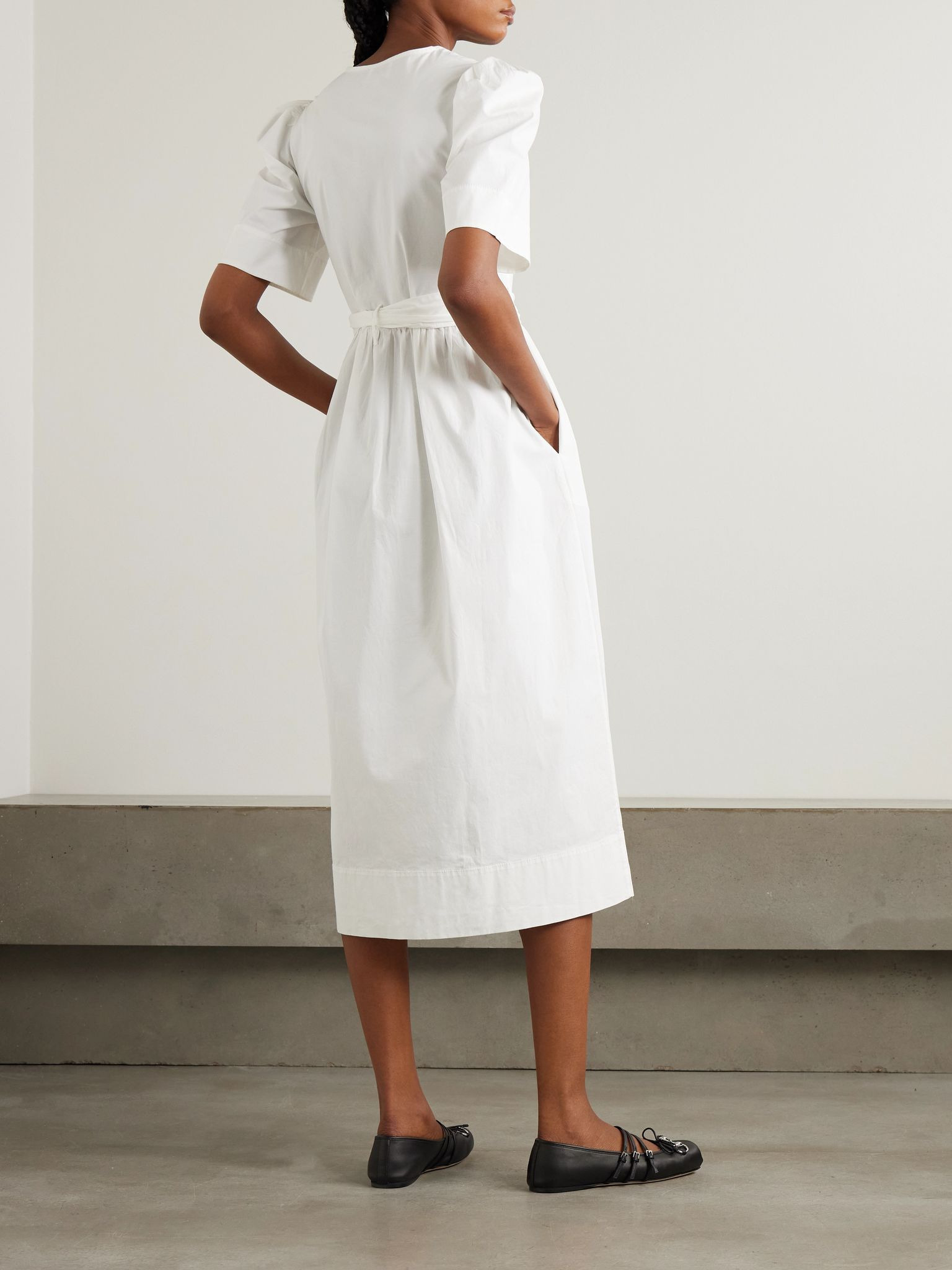 Belted tie-detailed gathered cotton-blend poplin midi dress White - 3