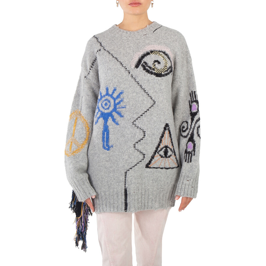 Stella McCartney Folk Artwork Wool Blend Knit Sweater In Grey - 3