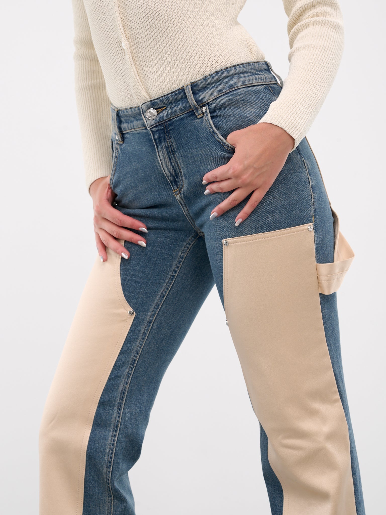 Satin Paneled Denim Jeans - 5