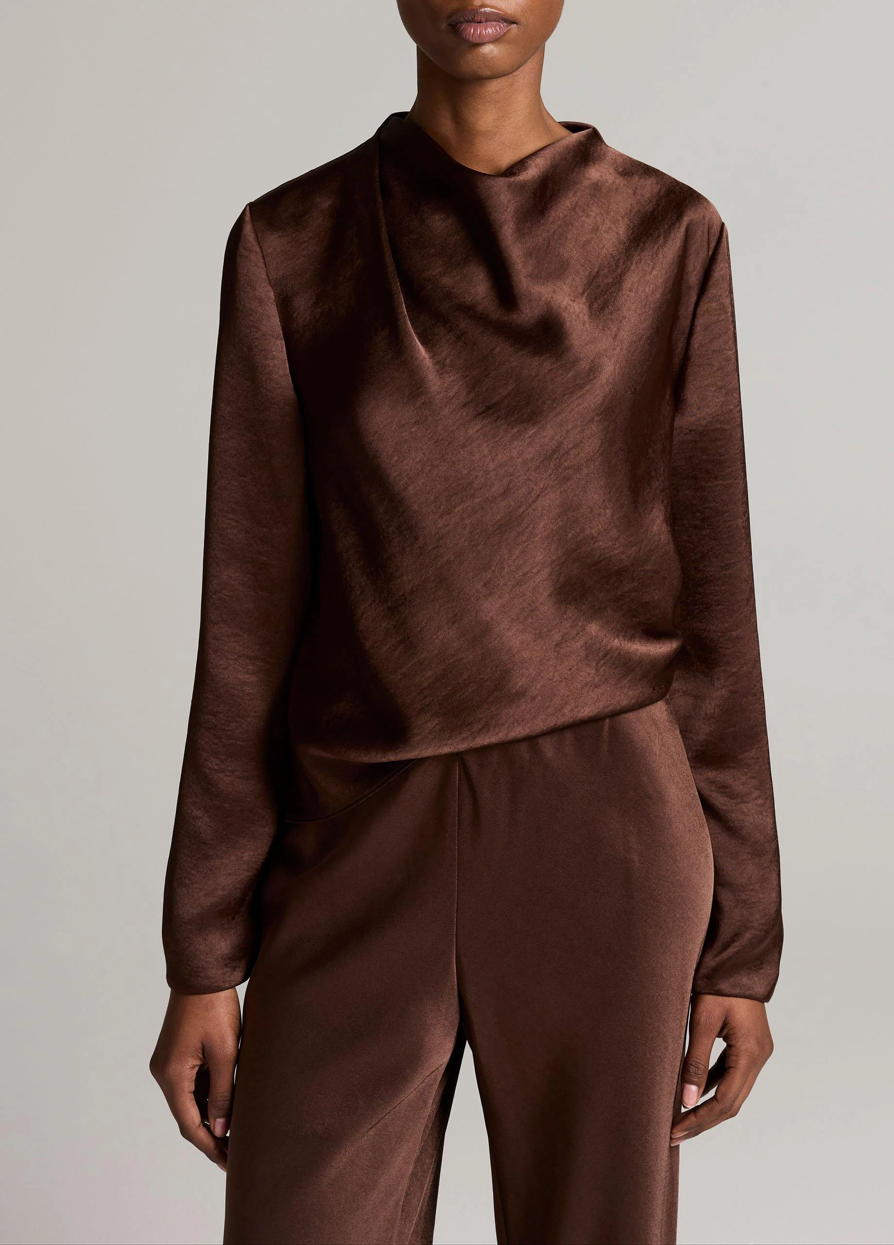 Satin Draped Cowl-Neck Long-Sleeve Top - 1