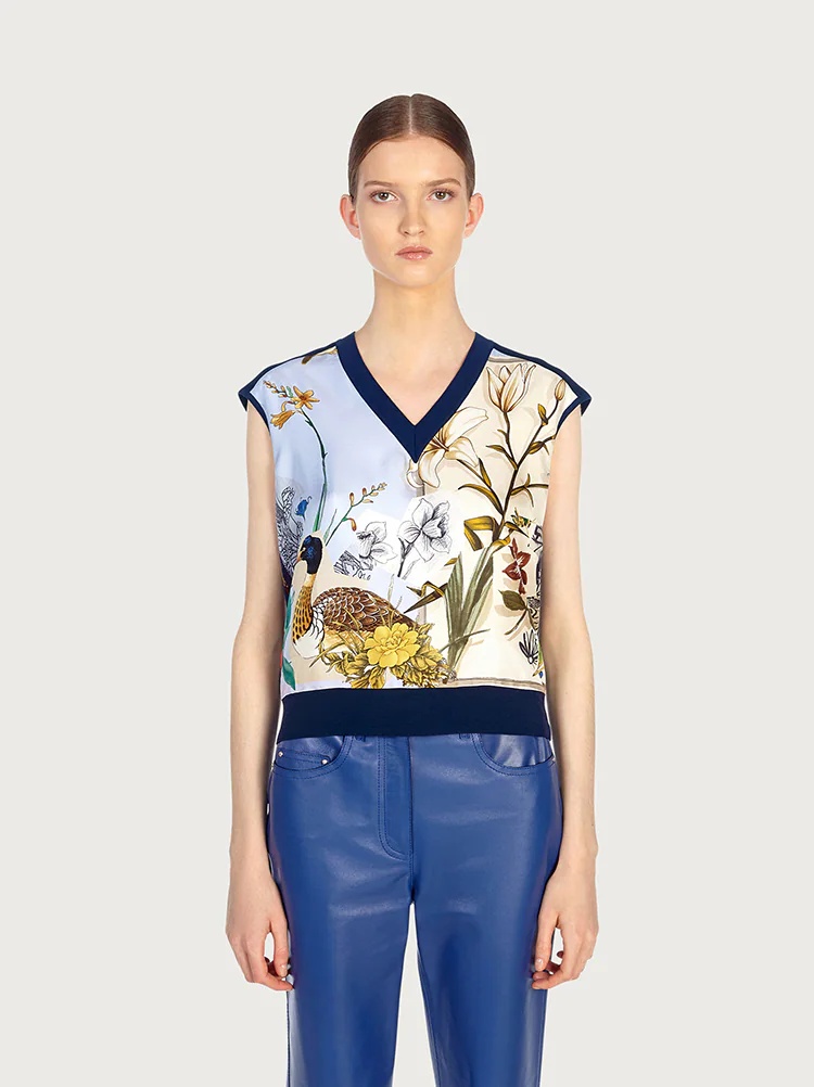 SHORT SLEEVED TOP WITH SILK INLAYS - 2