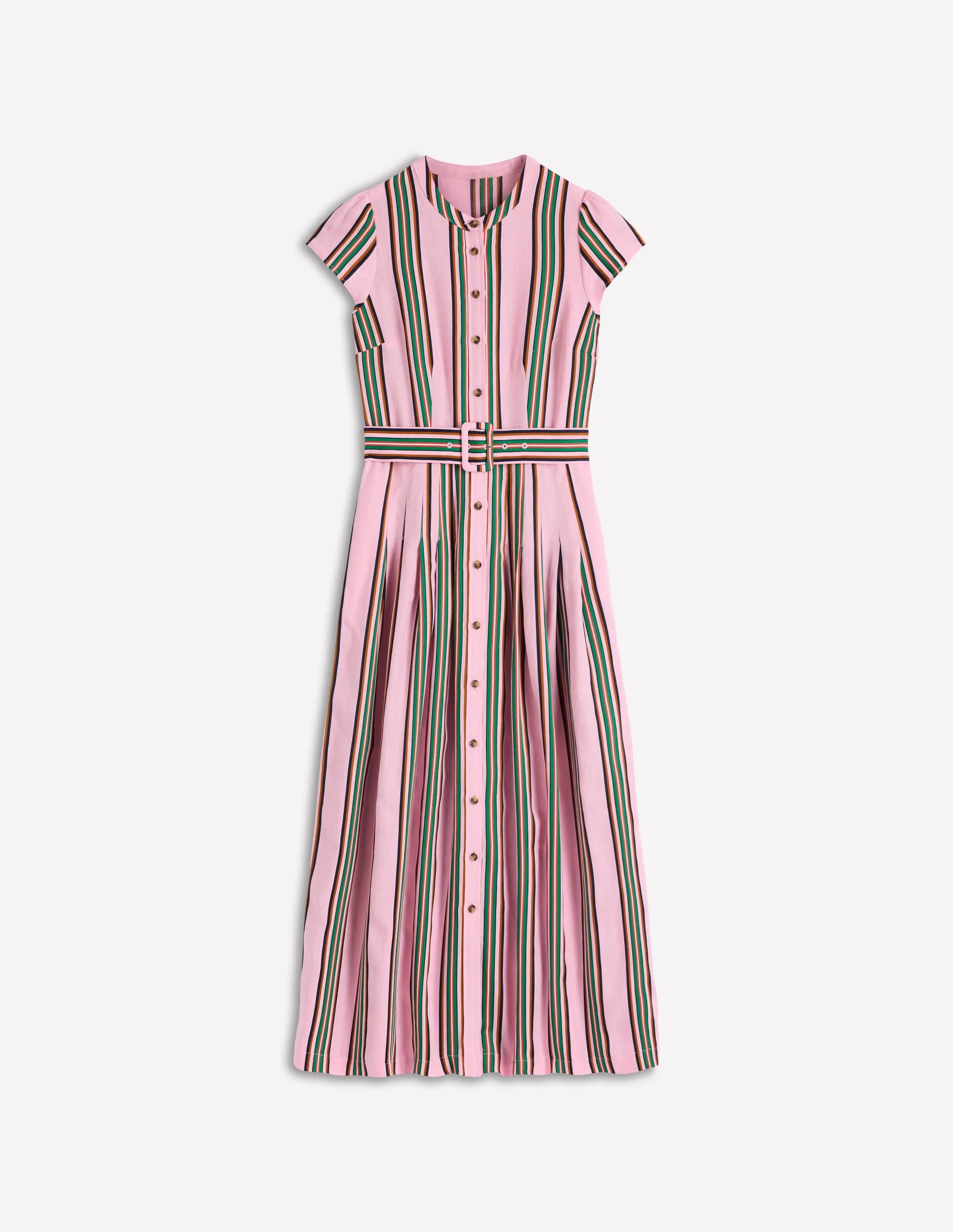 Arabella Linen Blend Dress-Pink, Rich Emerald Stripe - 1