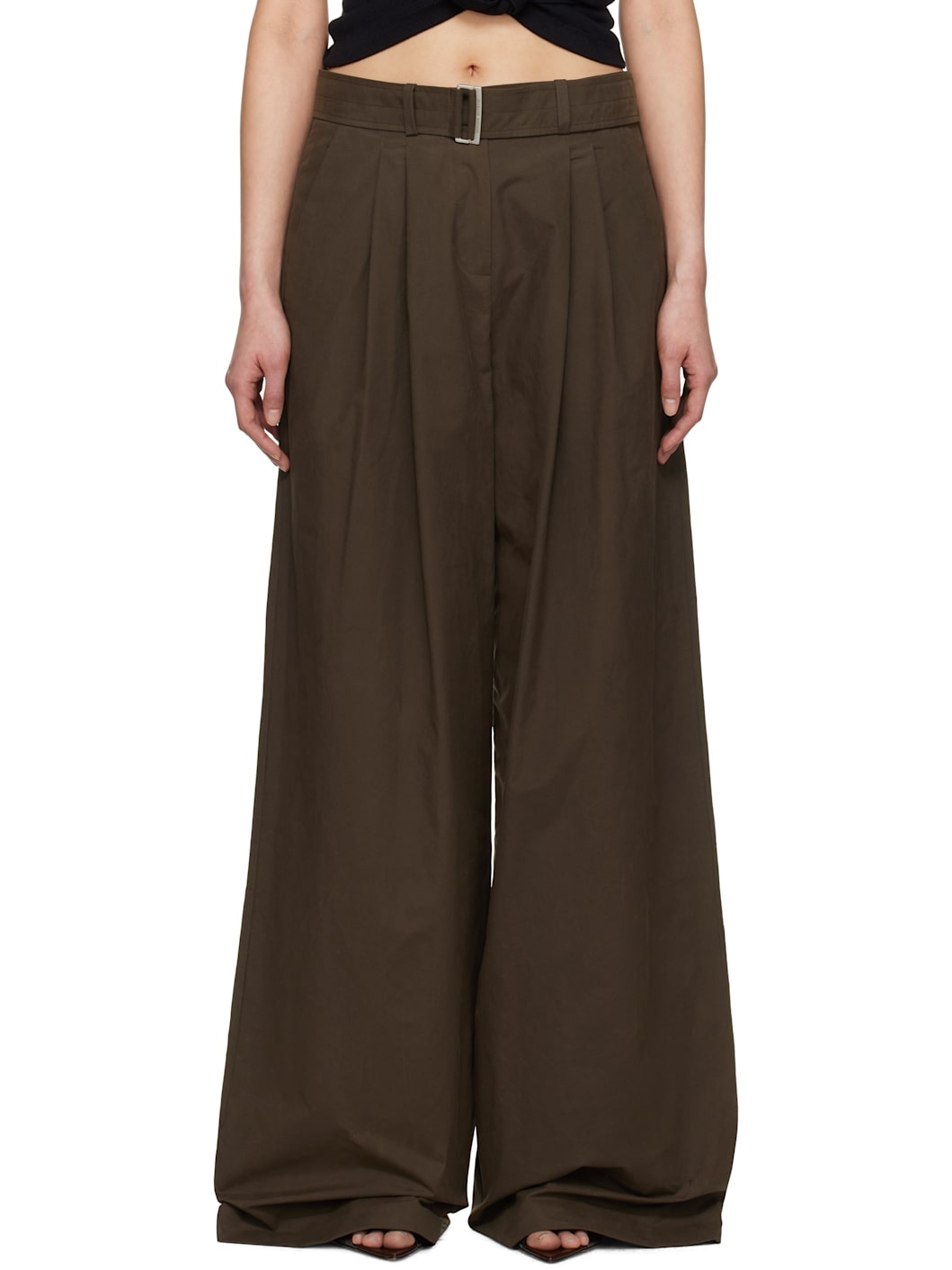 Brown Belted Relaxed Cotton Trousers - 1