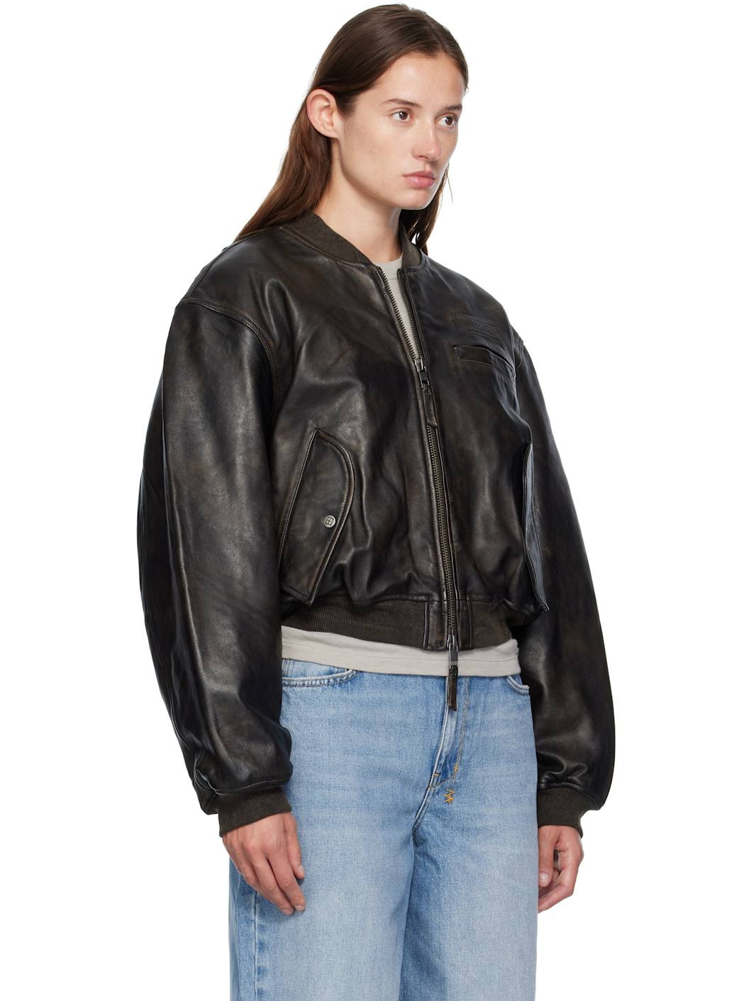 Black Alpha Crop Leather Bomber Jacket - 2