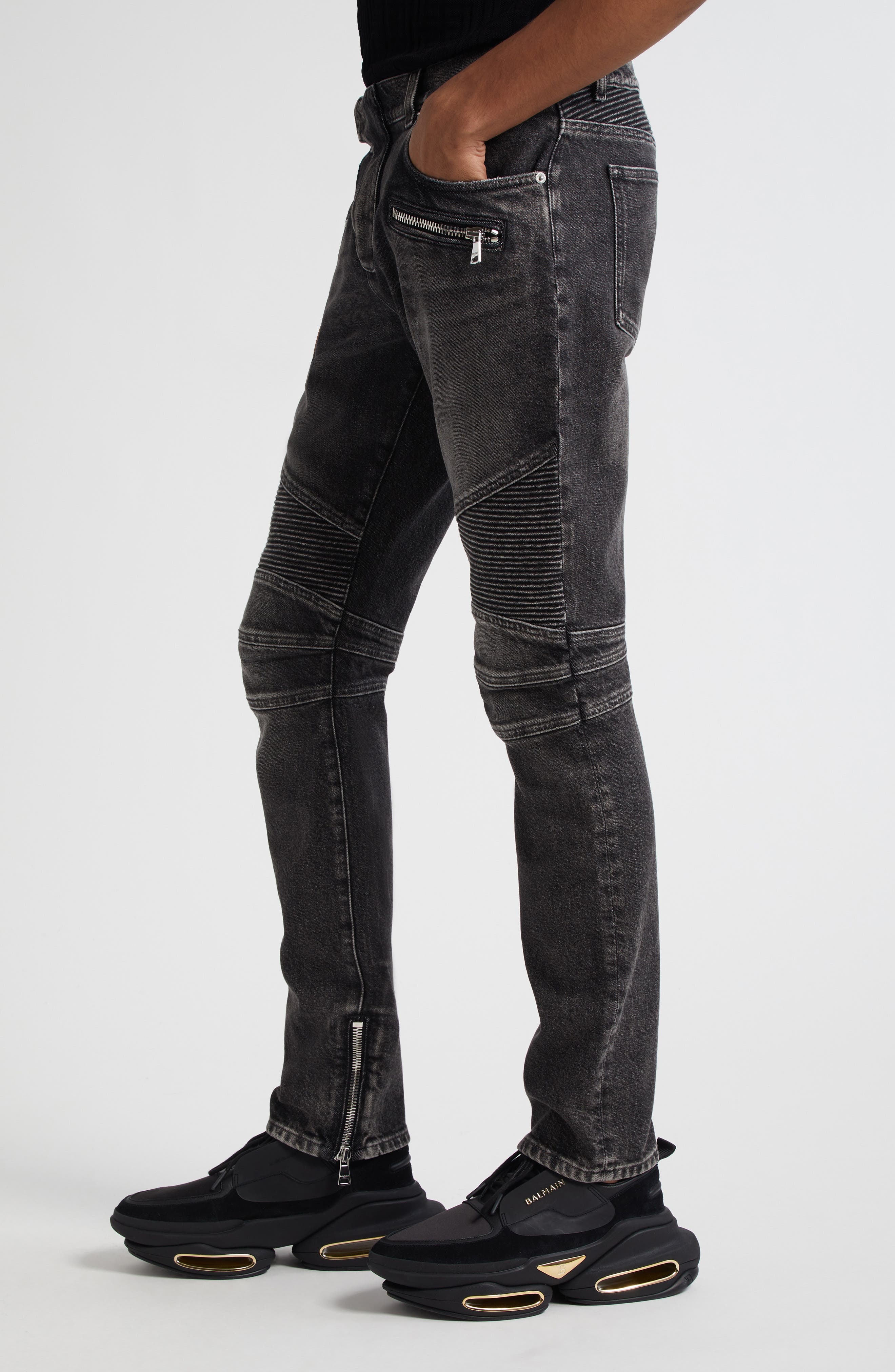 Balmain Denim Biker Pants in 9Az Denim Dark Grey at Nordstrom - 4