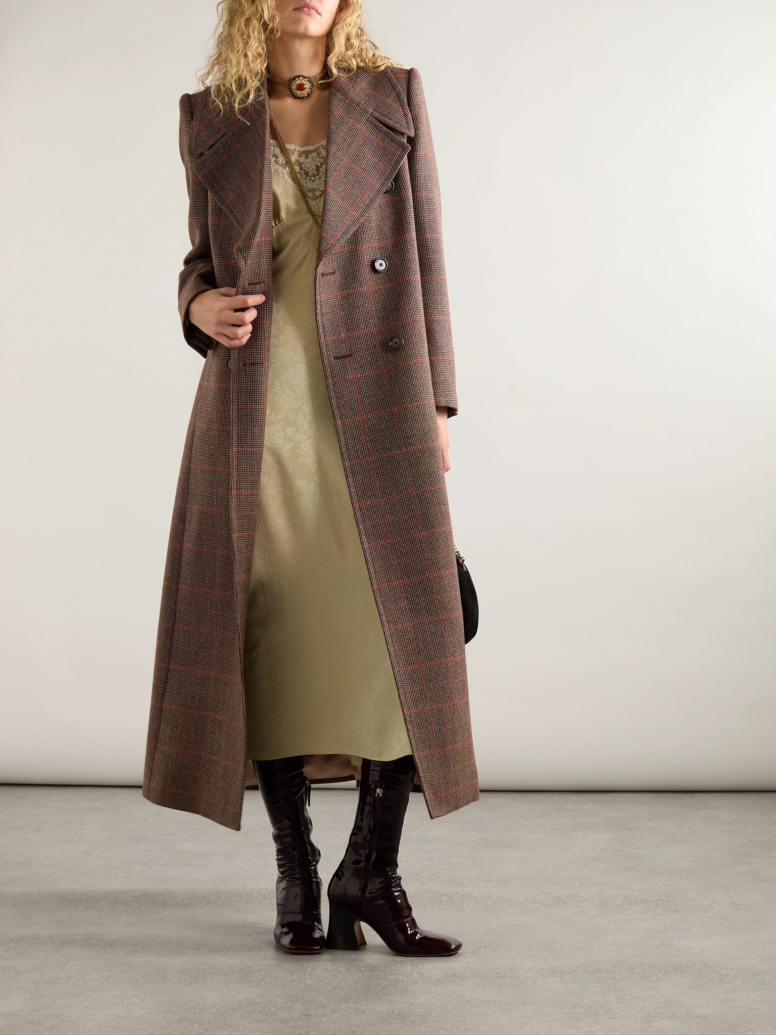 Double-breasted checked wool coat Dark brown - 2
