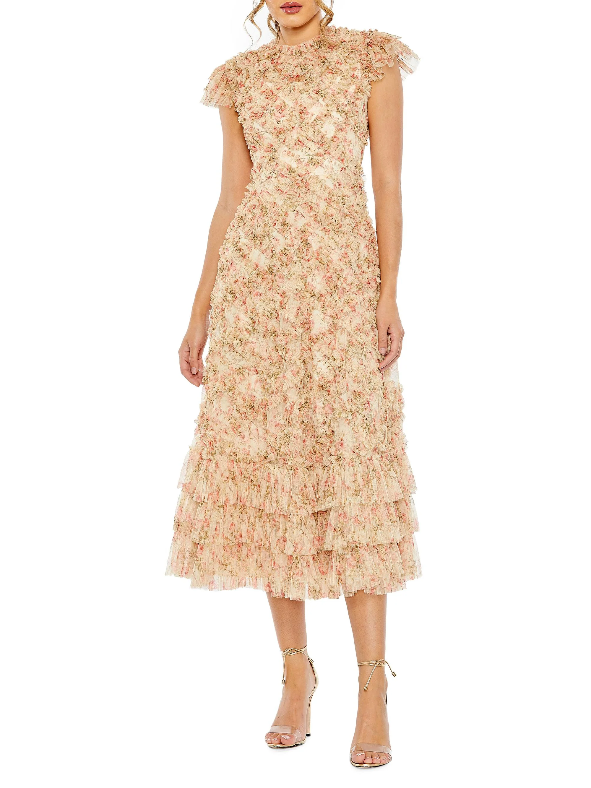 Women's Floral Ruffle Cocktail Dress - Beige Multi - 1