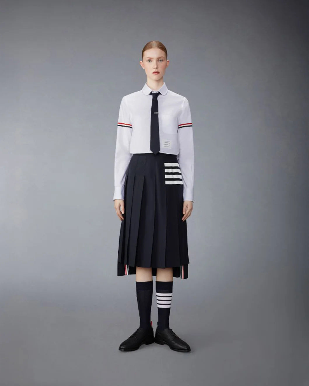 NAVY WOOL PLAIN WEAVE PLEATED 4-BAR SKIRT - 7