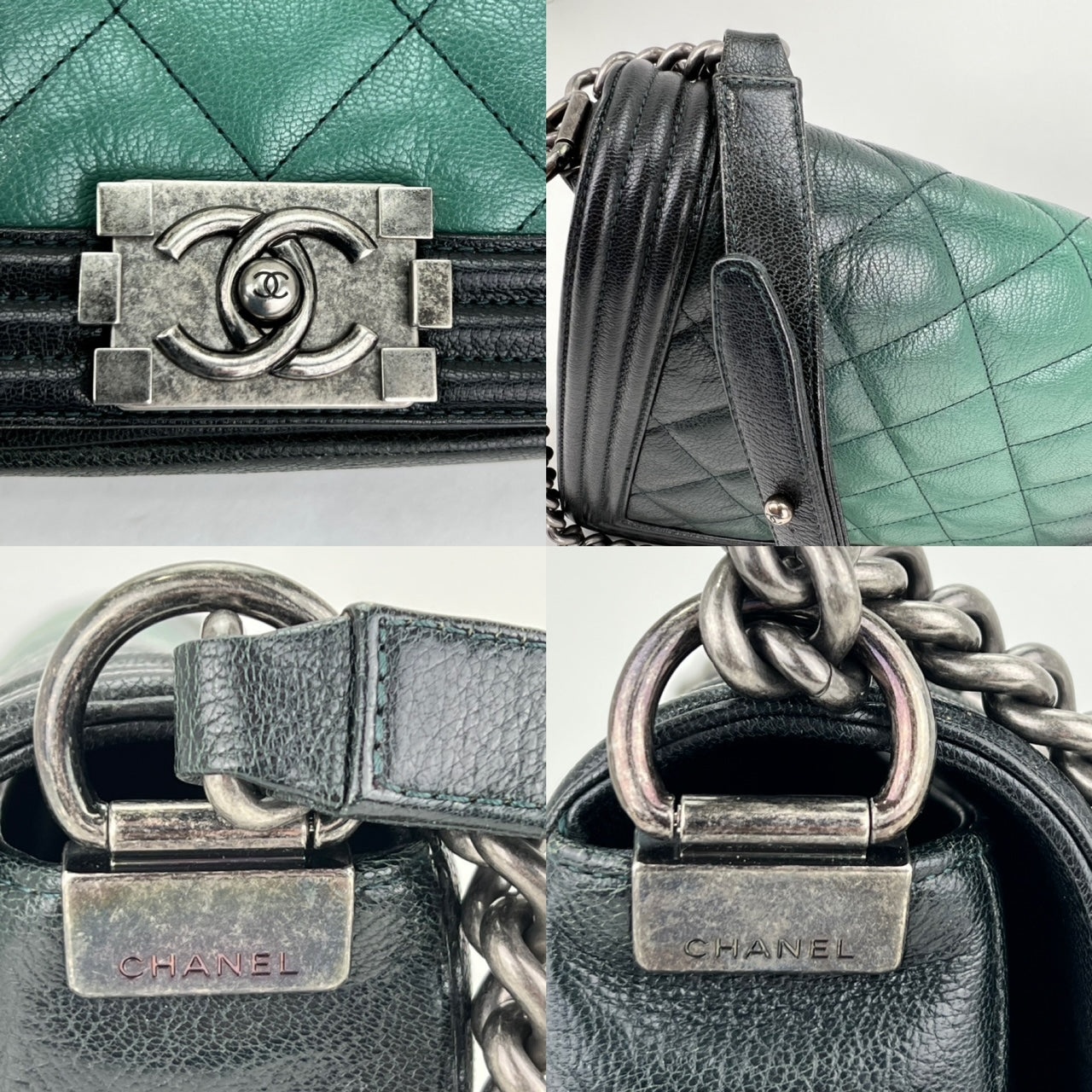 CHANEL Bag Dark Green Ombre Quilted Glazed Leather Large Boy Authentic preowned - 3