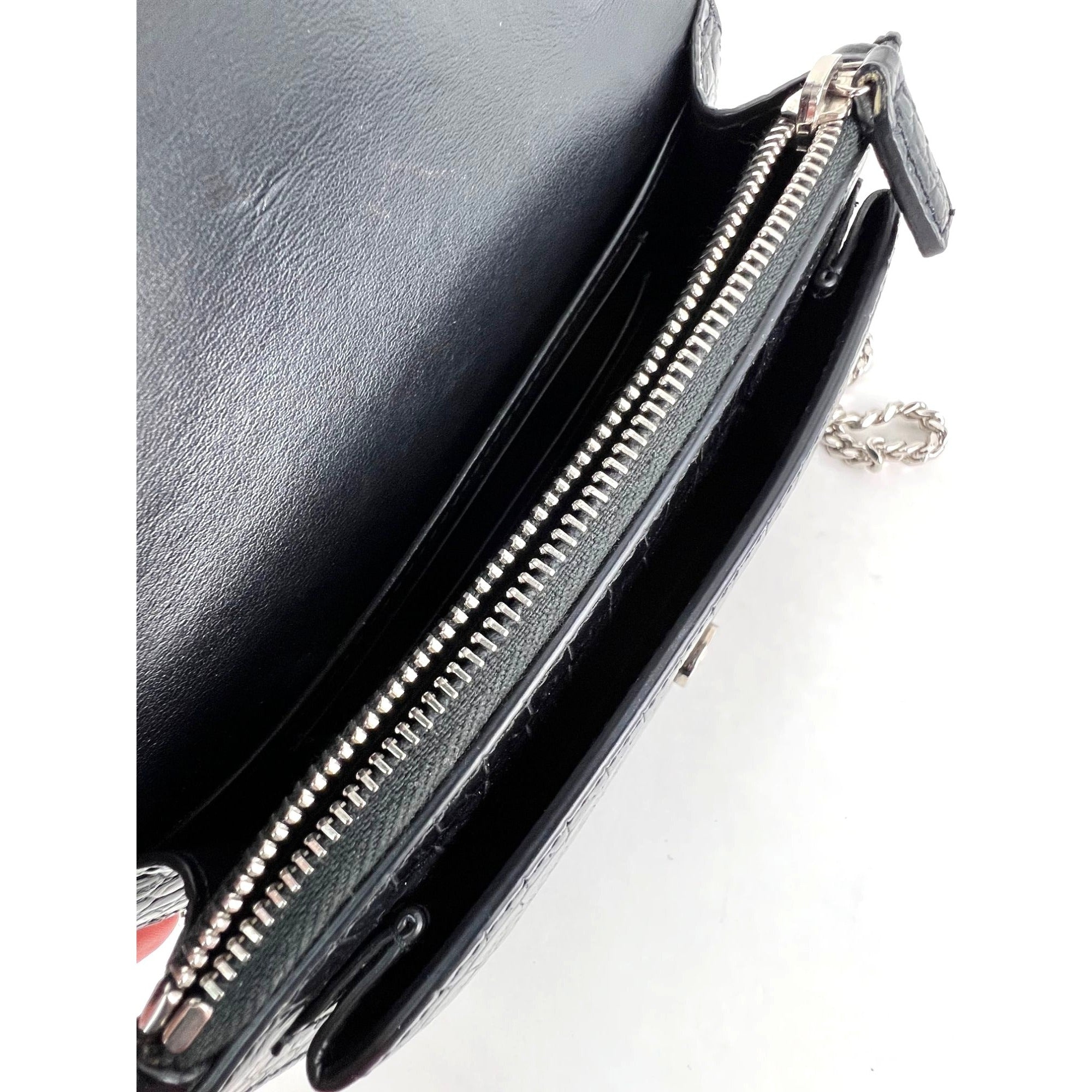 Saint Laurent Black Leather Sunset Wallet on a Chain Crocodile Embossed Bag - 9