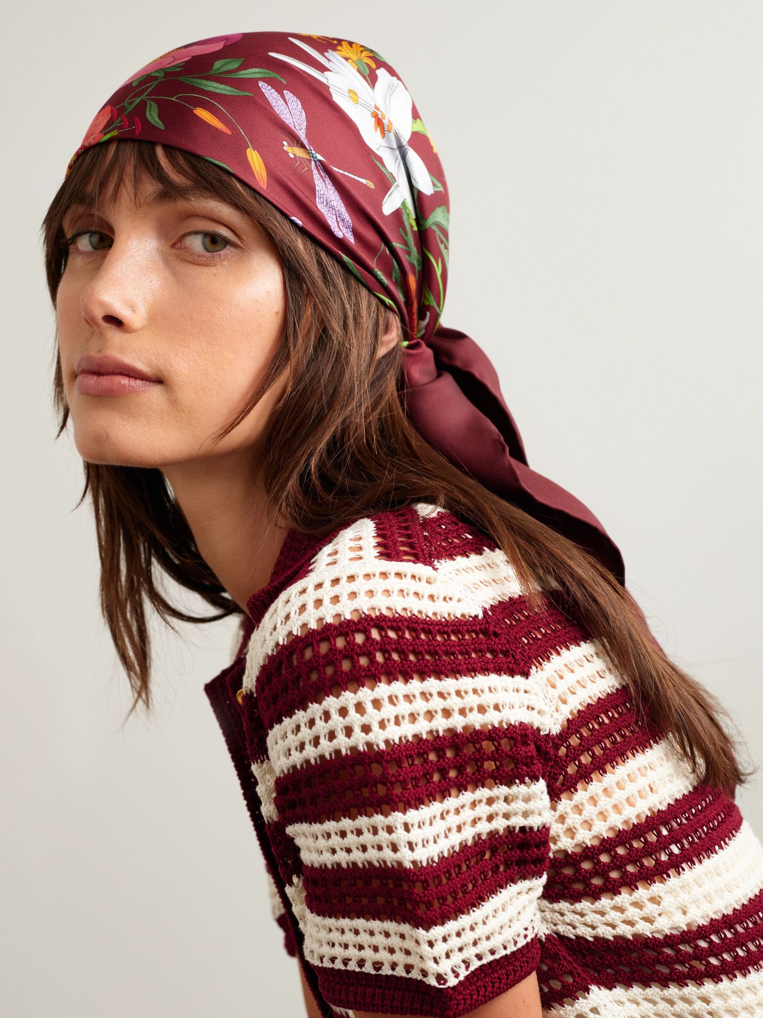 Flora floral-print silk-twill scarf Burgundy - 2