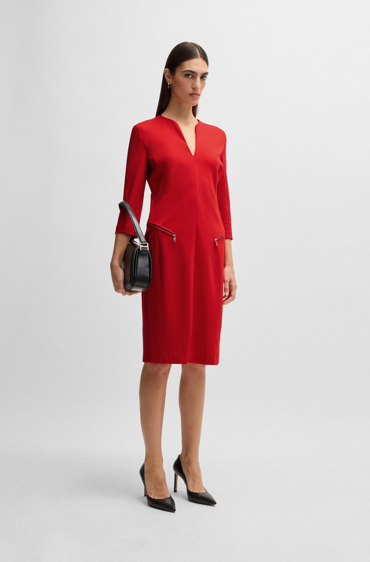 V-NECK DRESS WITH ZIPPED POCKETS AND CROPPED SLEEVES - 2