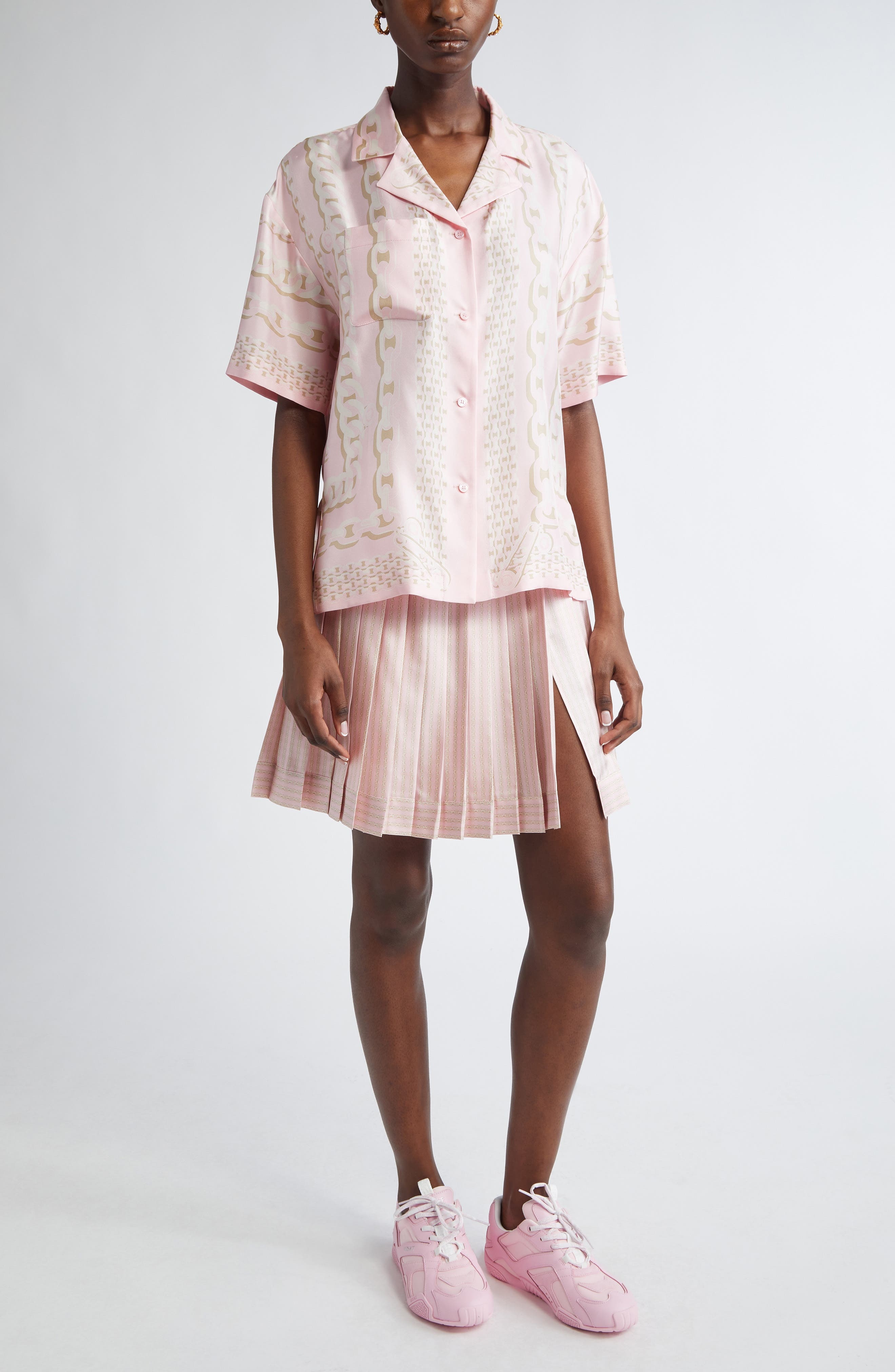 Versace Chain Pinstripe Pleated Silk Twill Skirt in Pastel Pink Milk at Nordstrom - 2