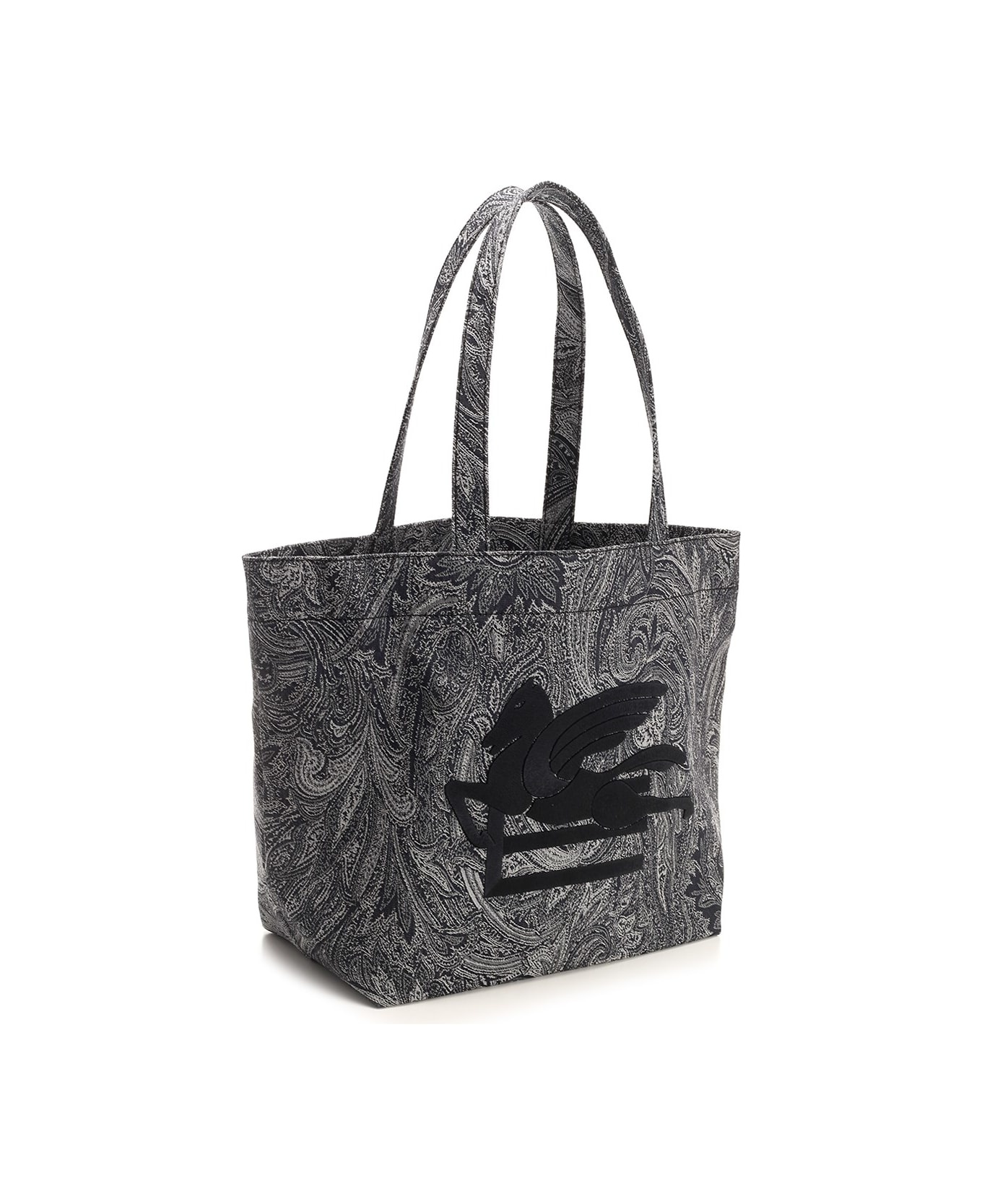 Navy Blue Large Tote Bag With Paisley Jacquard Motif - 2