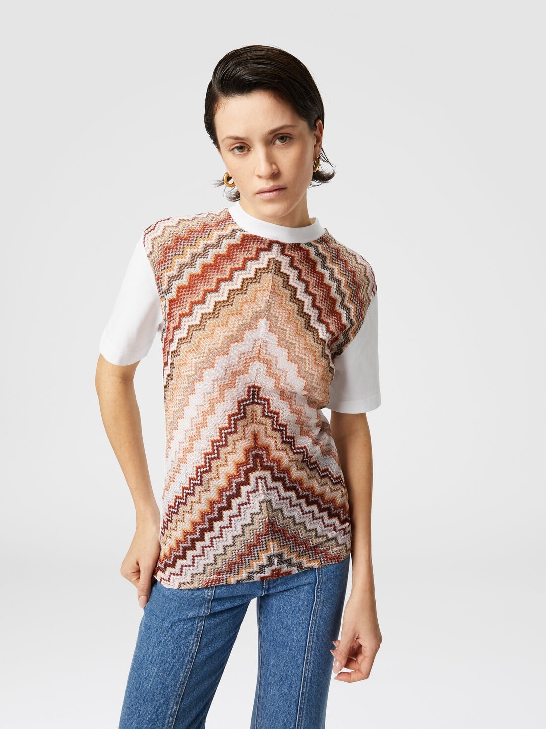 Crewneck T-shirt with lamé zig zag knit insert - 4