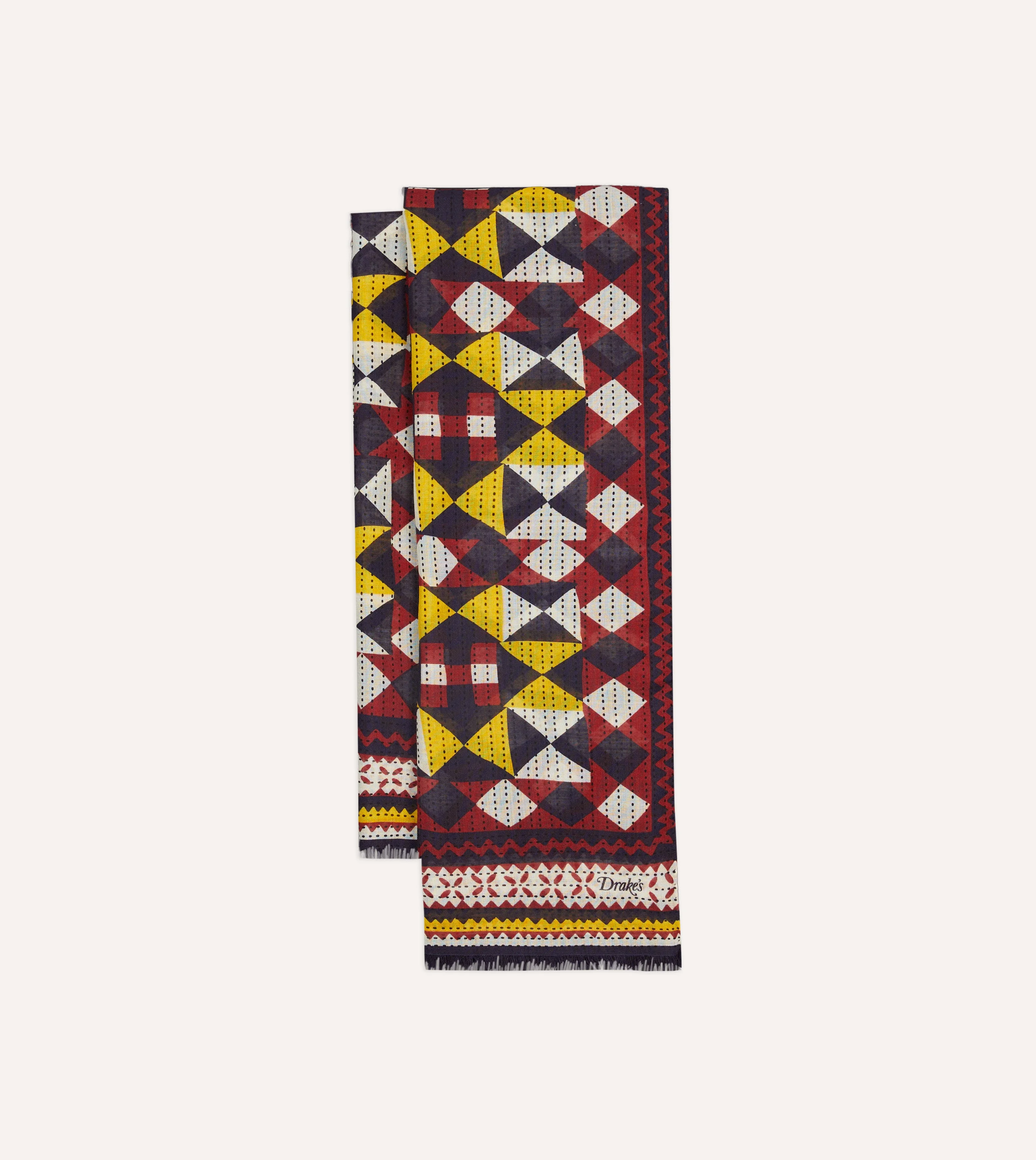 Red and Yellow Patchwork Print Wool-Silk Scarf - 1