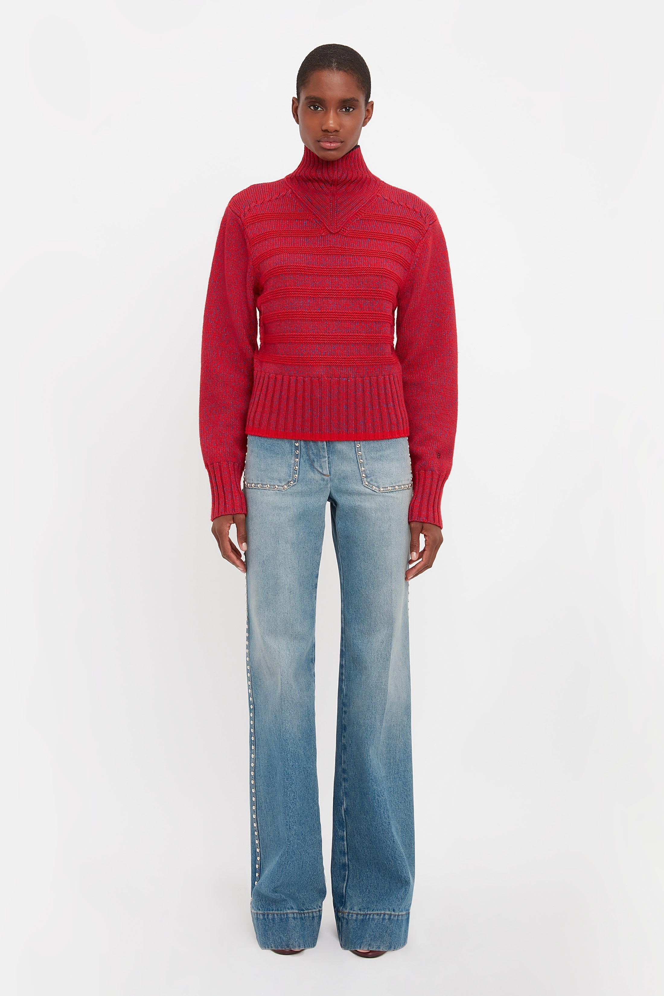 Ribbed Detail Polo Neck In Red - 2