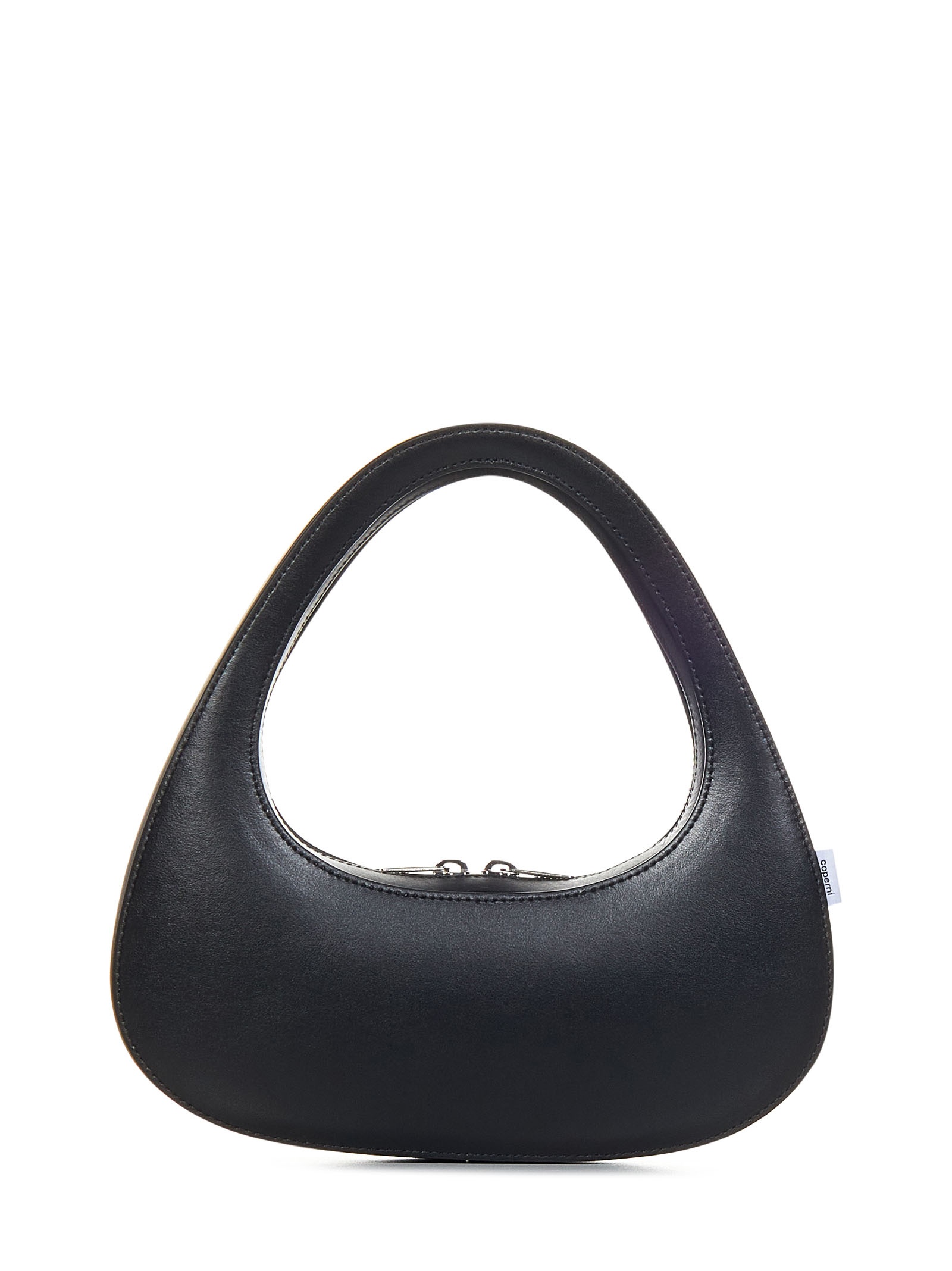 Black calfskin curved triangular baguette bag with silver-foil print logo at front. - 3