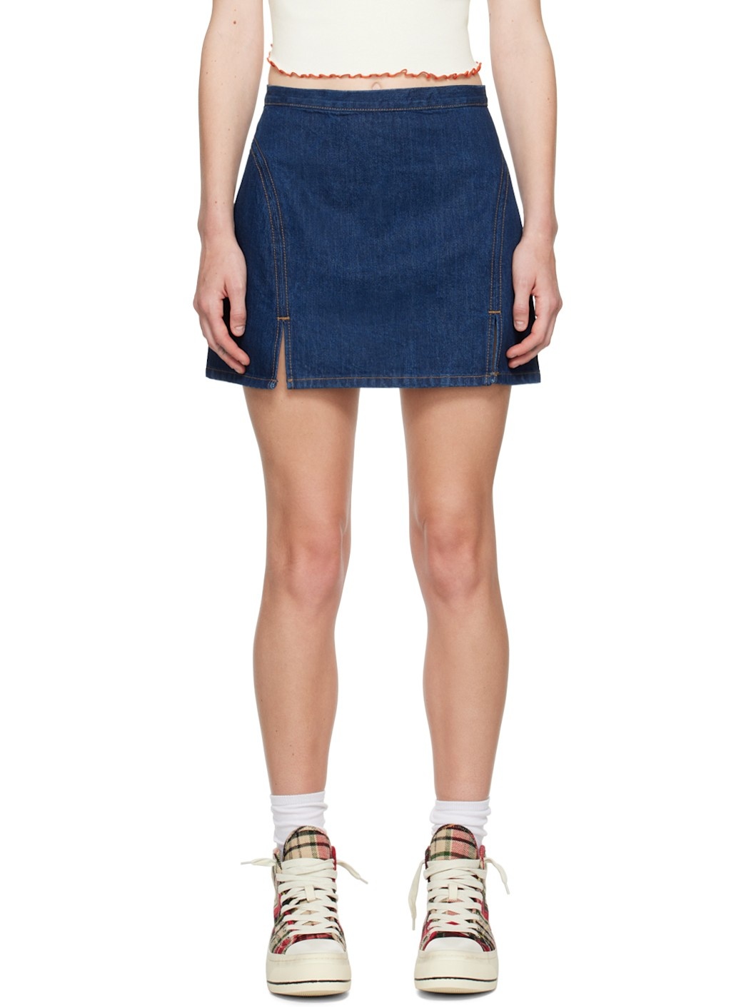 Indigo Split Front Denim Miniskirt - 1