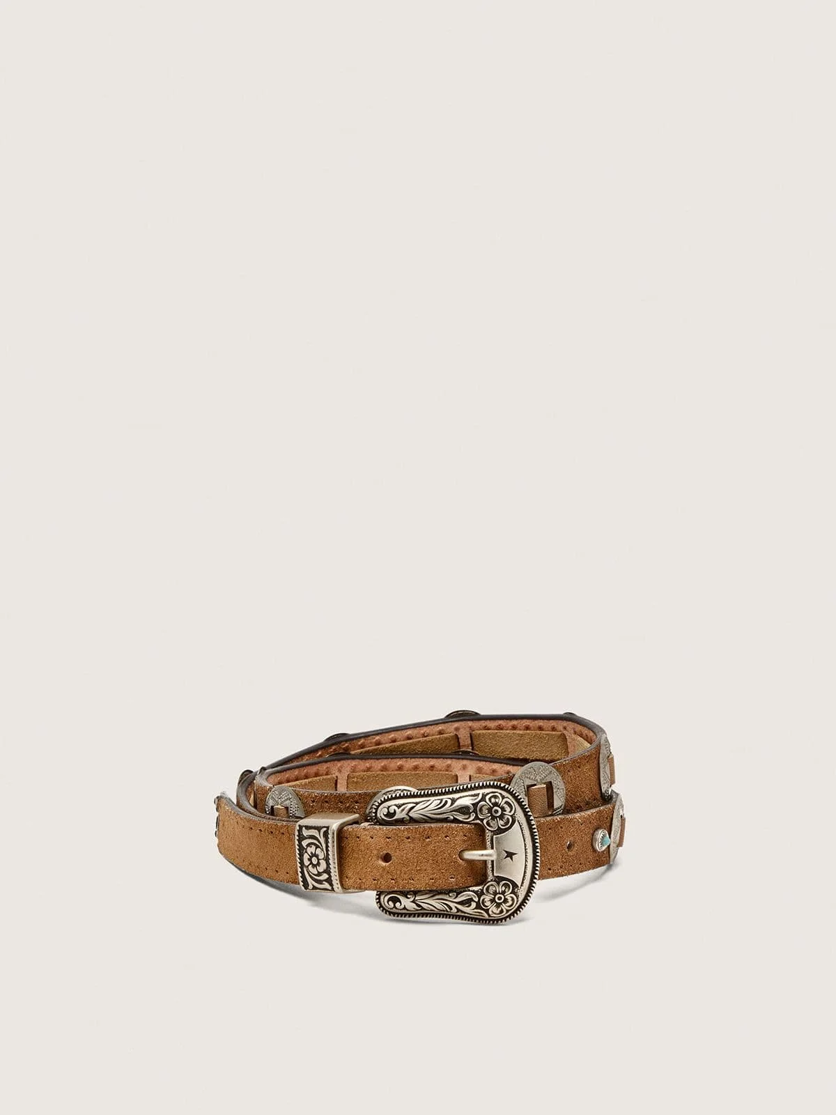 Thin Lace belt in hazelnut-colored nabuk with decorative inlays - 1