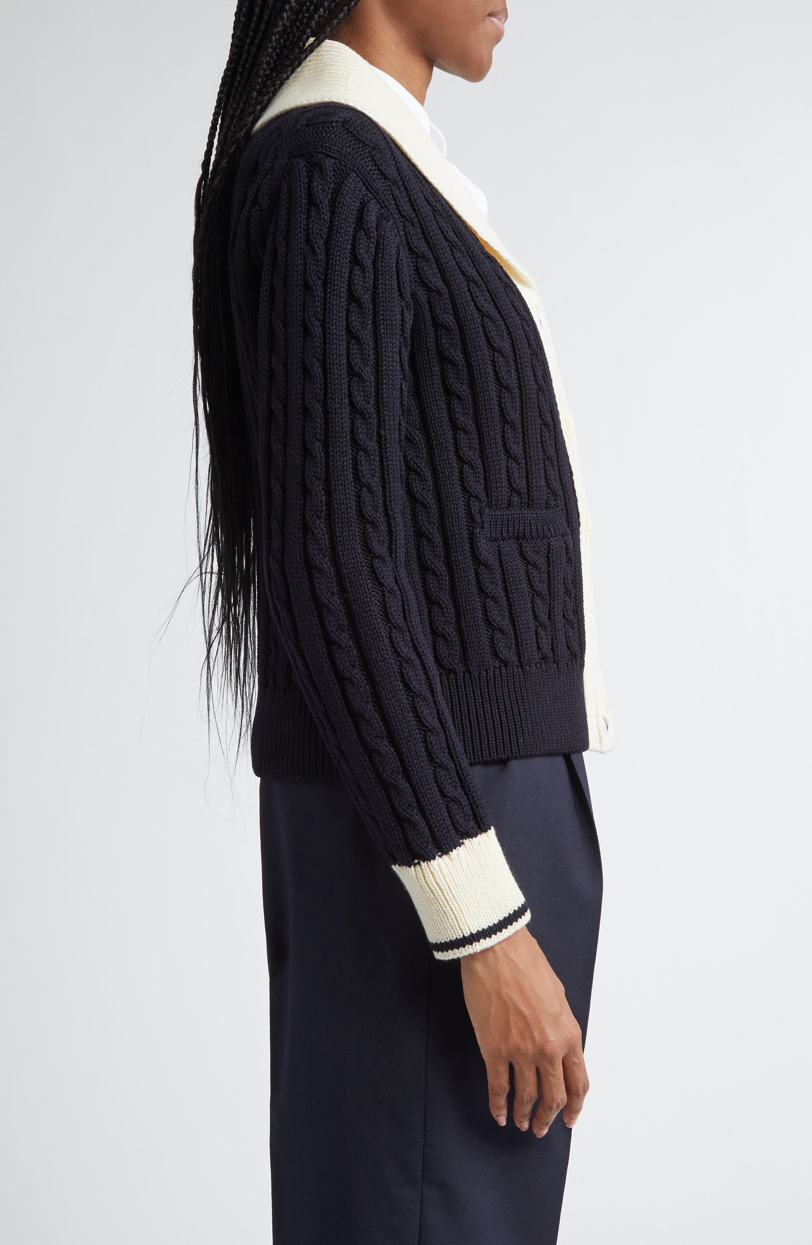 Thom Browne 4-Bar Cable Knit Virgin Wool Shawl Cardigan in Navy at Nordstrom - 4