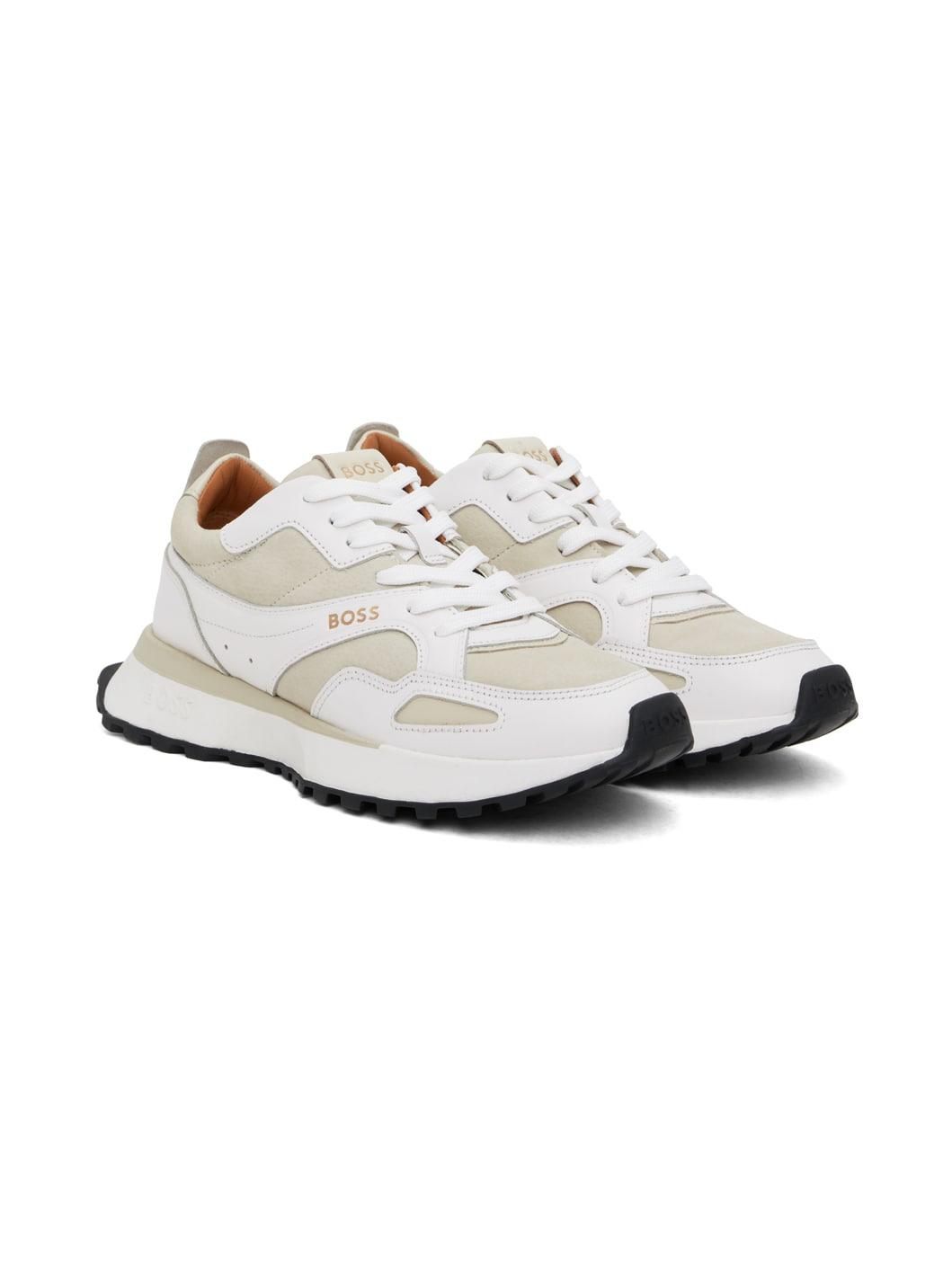 White & Beige Leather Padded Collar Sneakers - 4