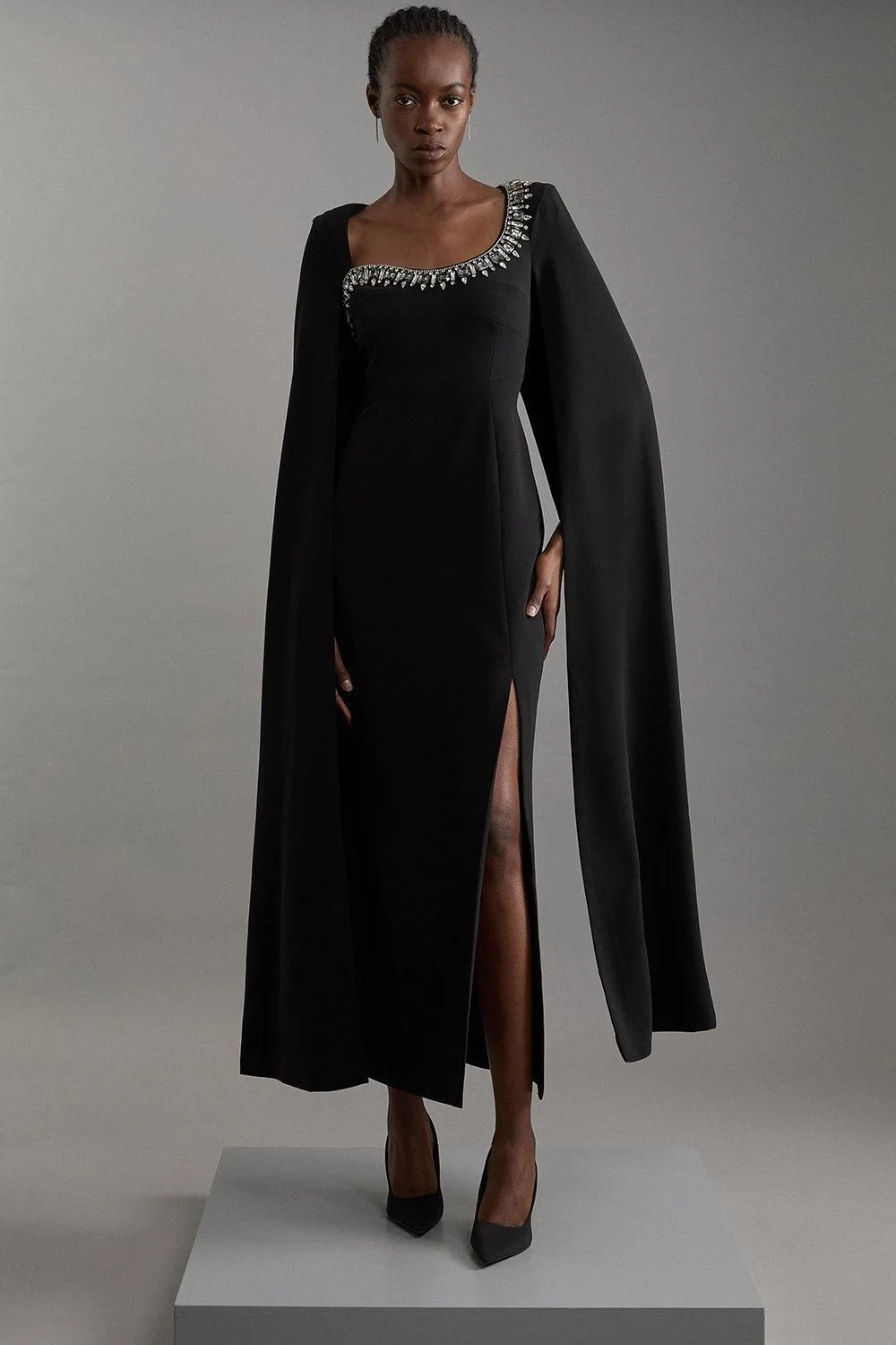 Petite Crystal Embellished Viscose Crepe Woven Cape Maxi Dress - 1