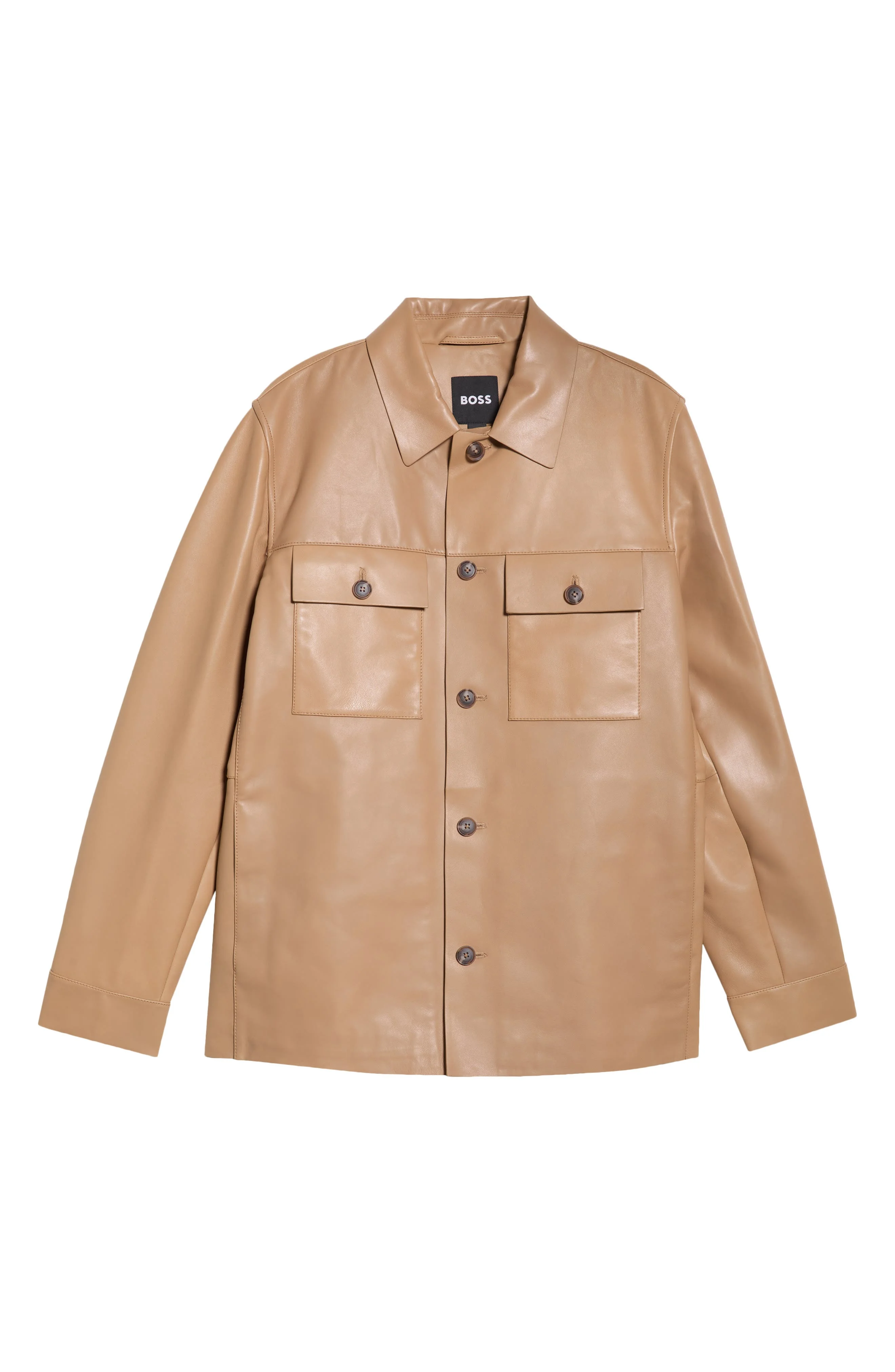 BOSS Malid Leather Button-Up Shirt Jacket in Medium Beige at Nordstrom - 1