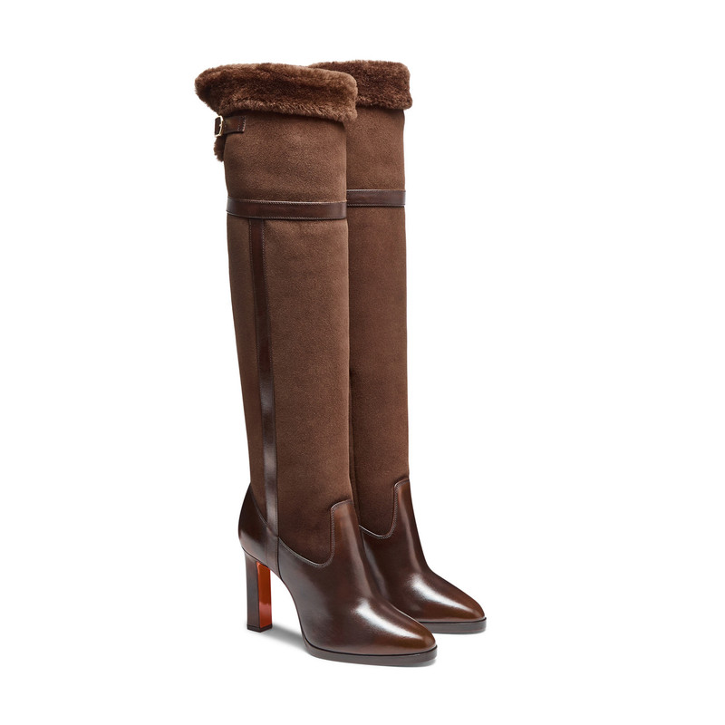 Women's dark brown leather and shearling high-heel boot 3