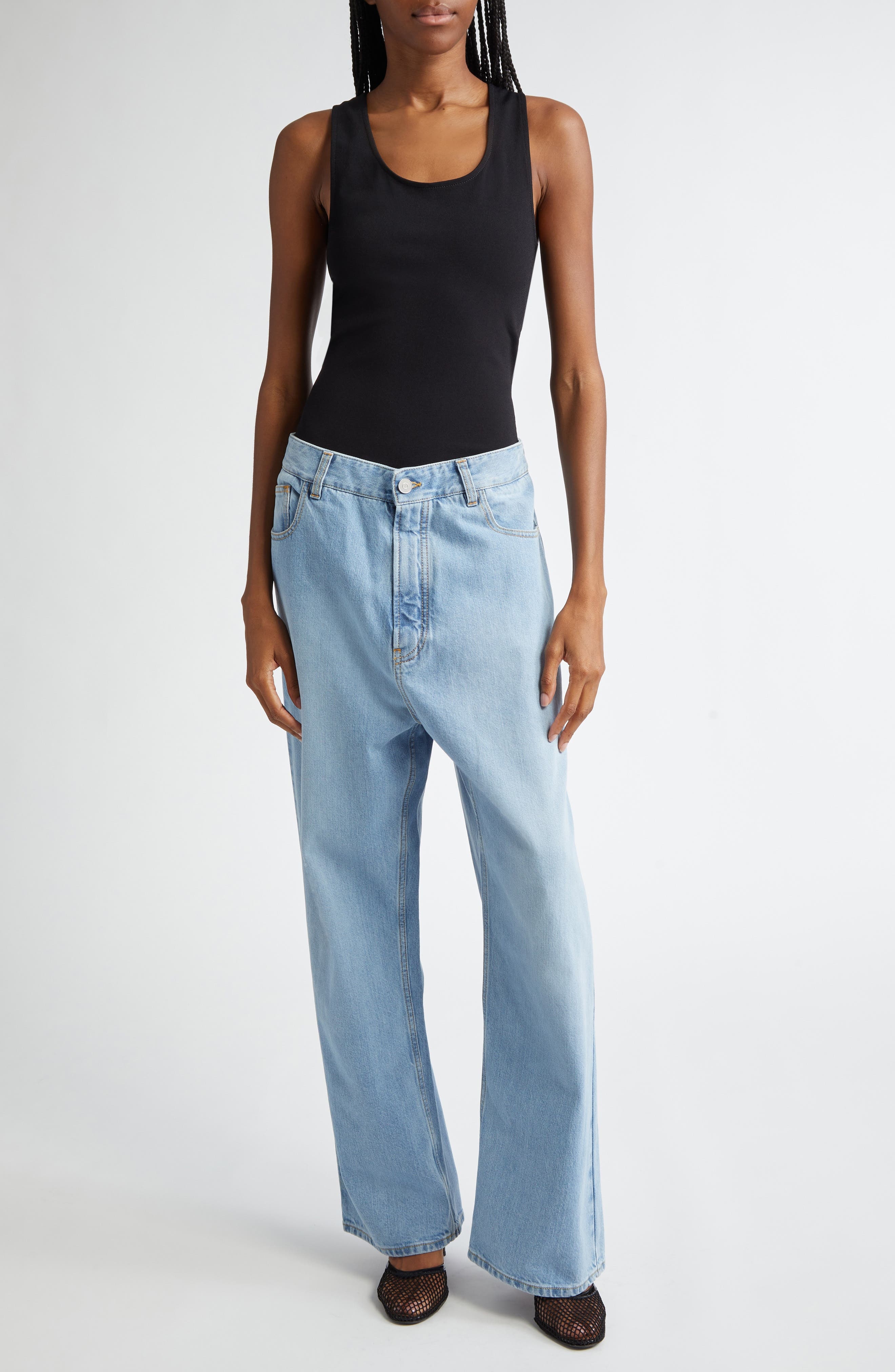 Alaïa Mixed Media Jeans & Tank Jumpsuit in Bleu Clair at Nordstrom - 1