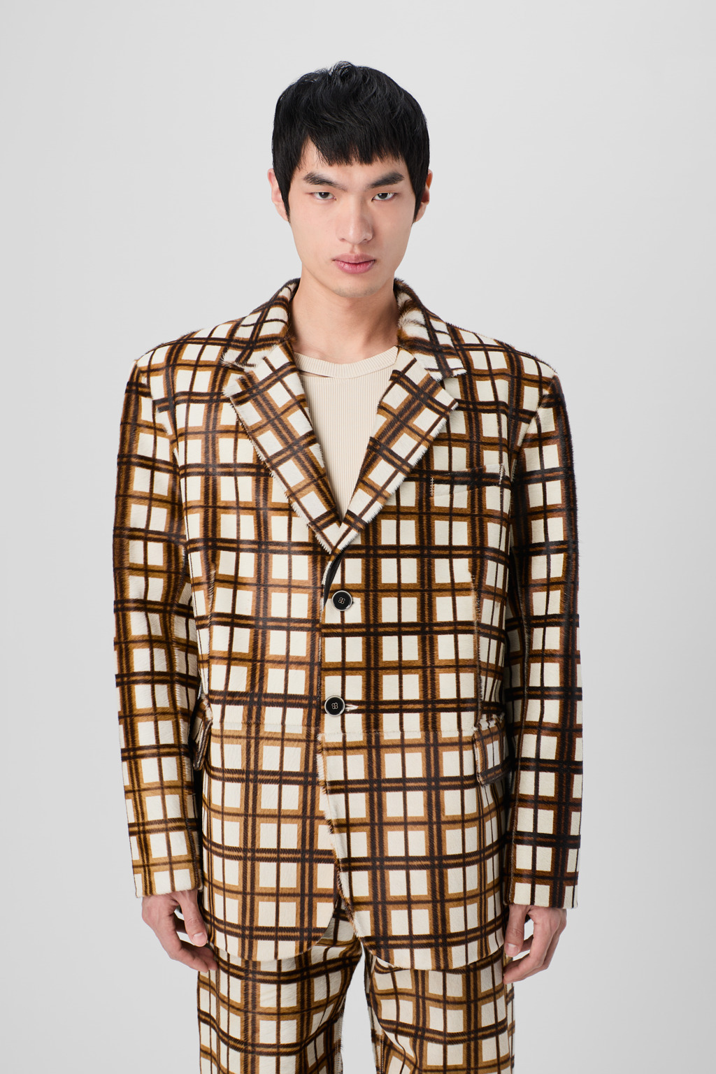 Cream-brown tartan hair-on-leather blazer - 2