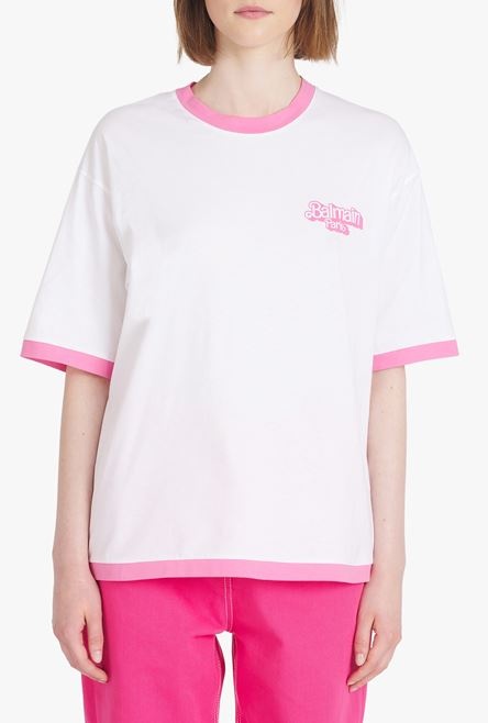 Balmain x Barbie - White eco-designed cotton T-shirt with pink Balmain logo print - 5