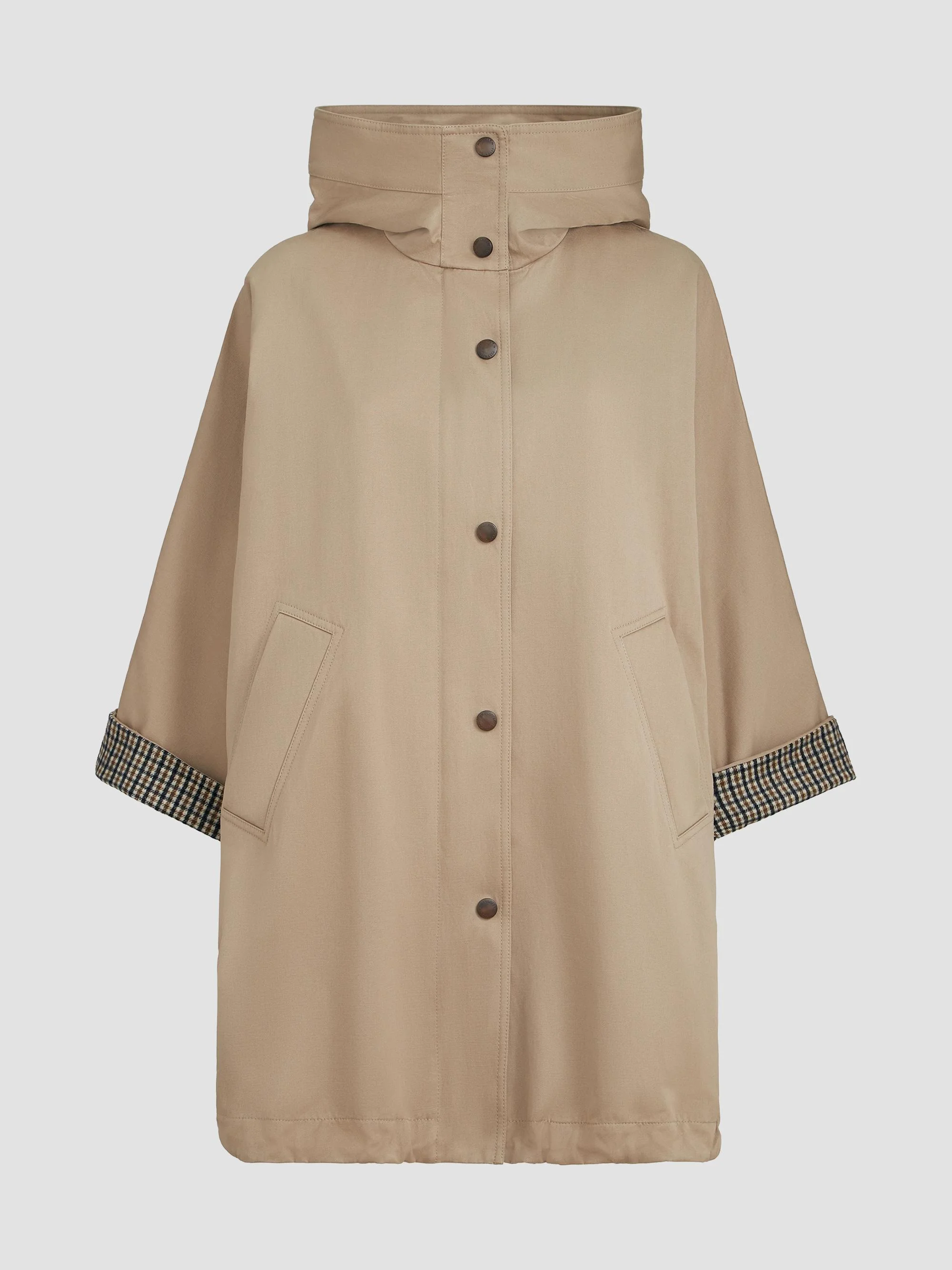Women's Cotton and Linen Twill Hooded Outerwear Jacket with Monili - Camel - 1