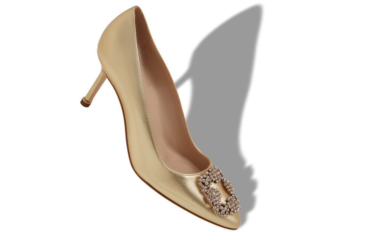 Gold Nappa Leather Jewel Buckle Pumps - 2