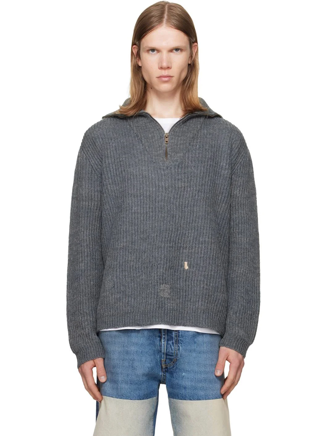 Gray Mended Ribbed Sweater - 1