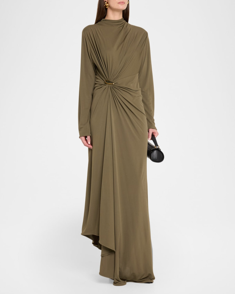 Long-Sleeve Draped Matte Crepe Maxi Dress 4