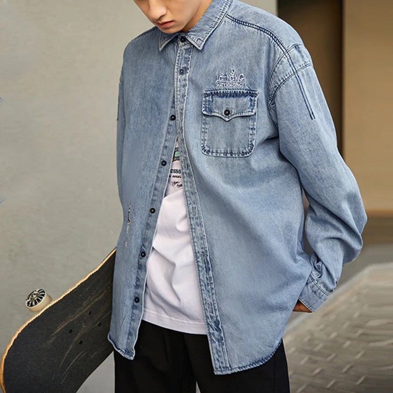 Li-Ning Skateboard Series Logo Embroidered Loose Washed Denim Shirt 'Light Blue' ASHS011-1 - 5