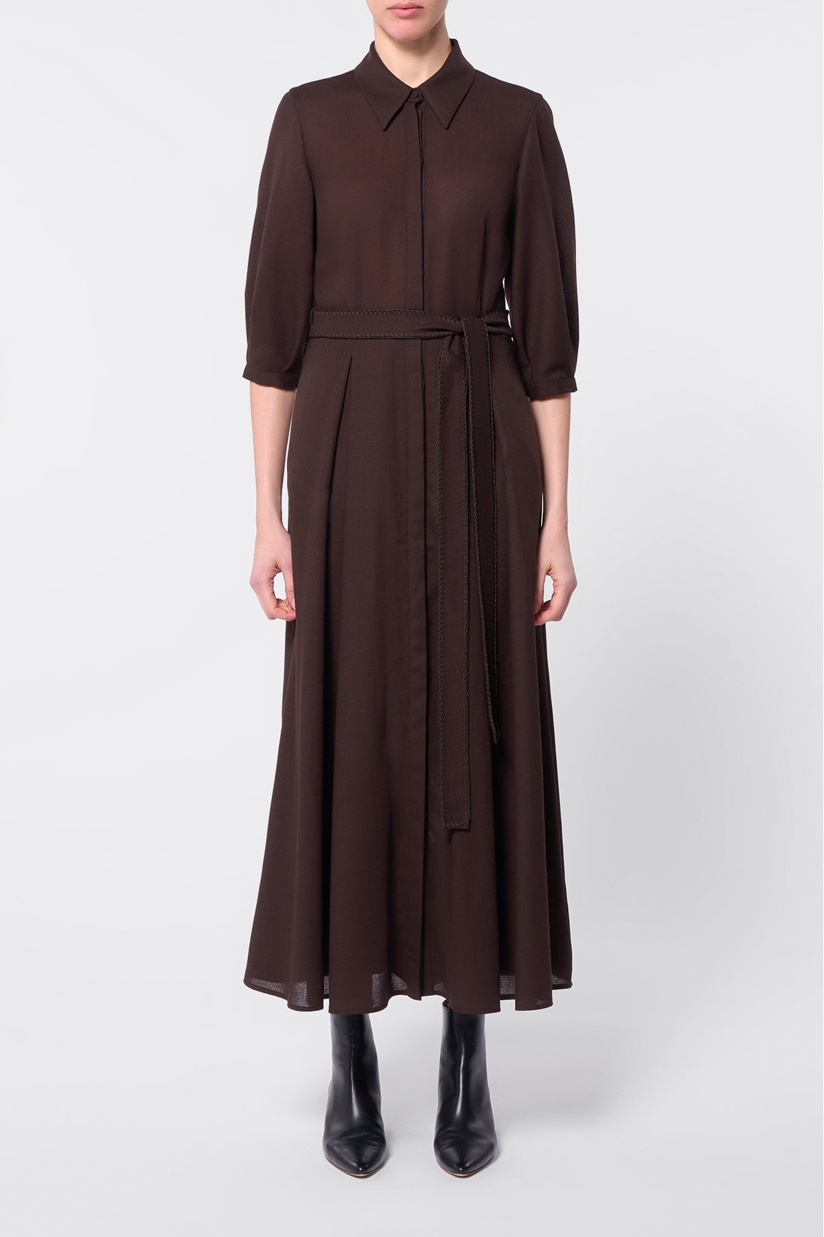 Andy Pleated Shirtdress in Chocolate Virgin Wool Gauze - 2