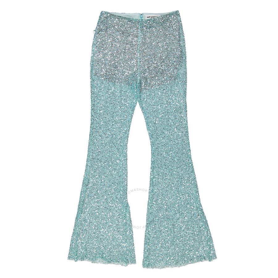 Self Portrait Ladies Blue Beaded Fishnet Flared Pants - 5