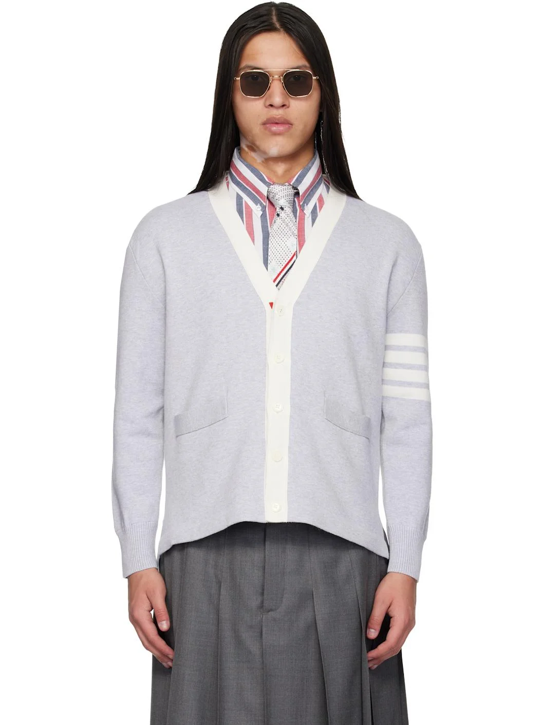 Gray Crest Intarsia Jacquard 4-Bar Rugby Fit Cardigan - 1