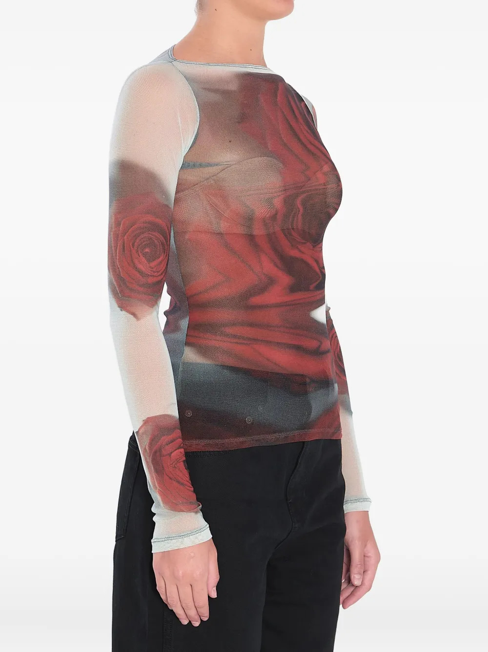 JEAN PAUL GAULTIER - Women Mesh L.S. "Blurry Roses" Boat Neck Top - 2