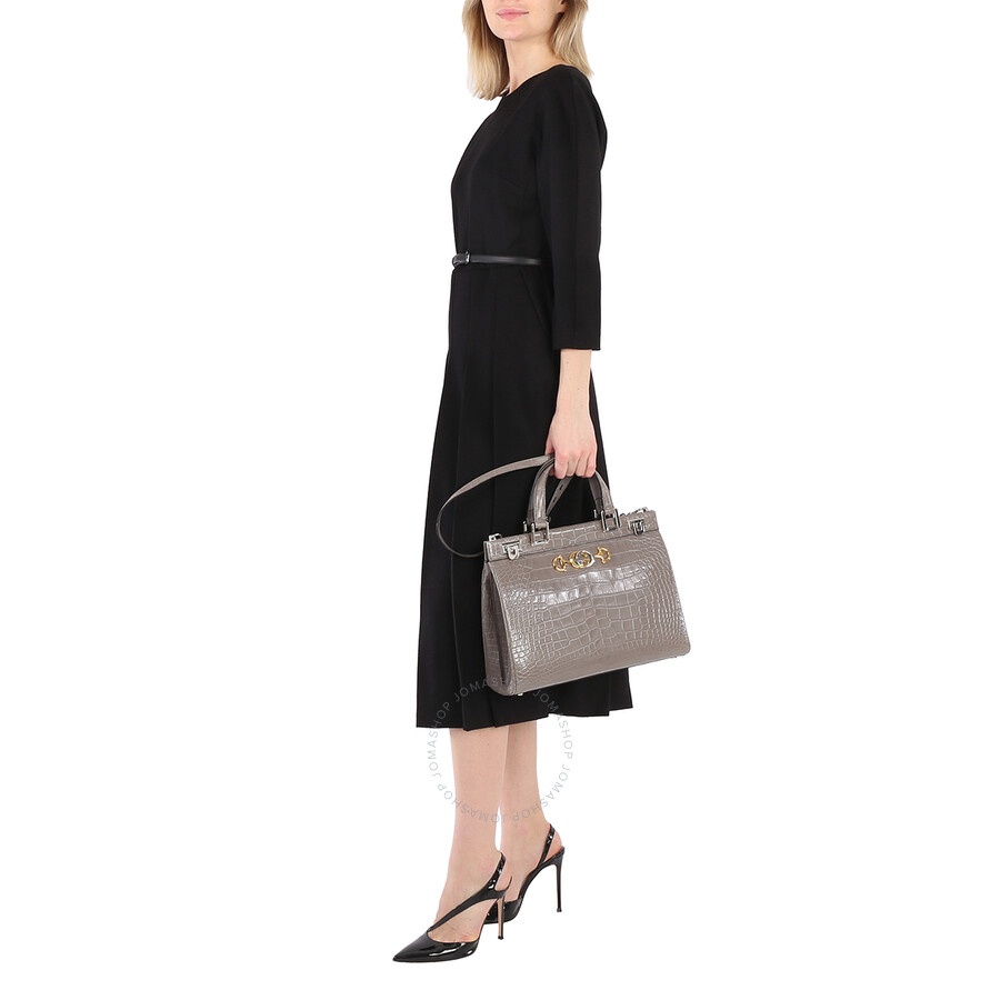 Gucci Grey Zumi Medium Top Handle Bag In Crocodile Effect - 2