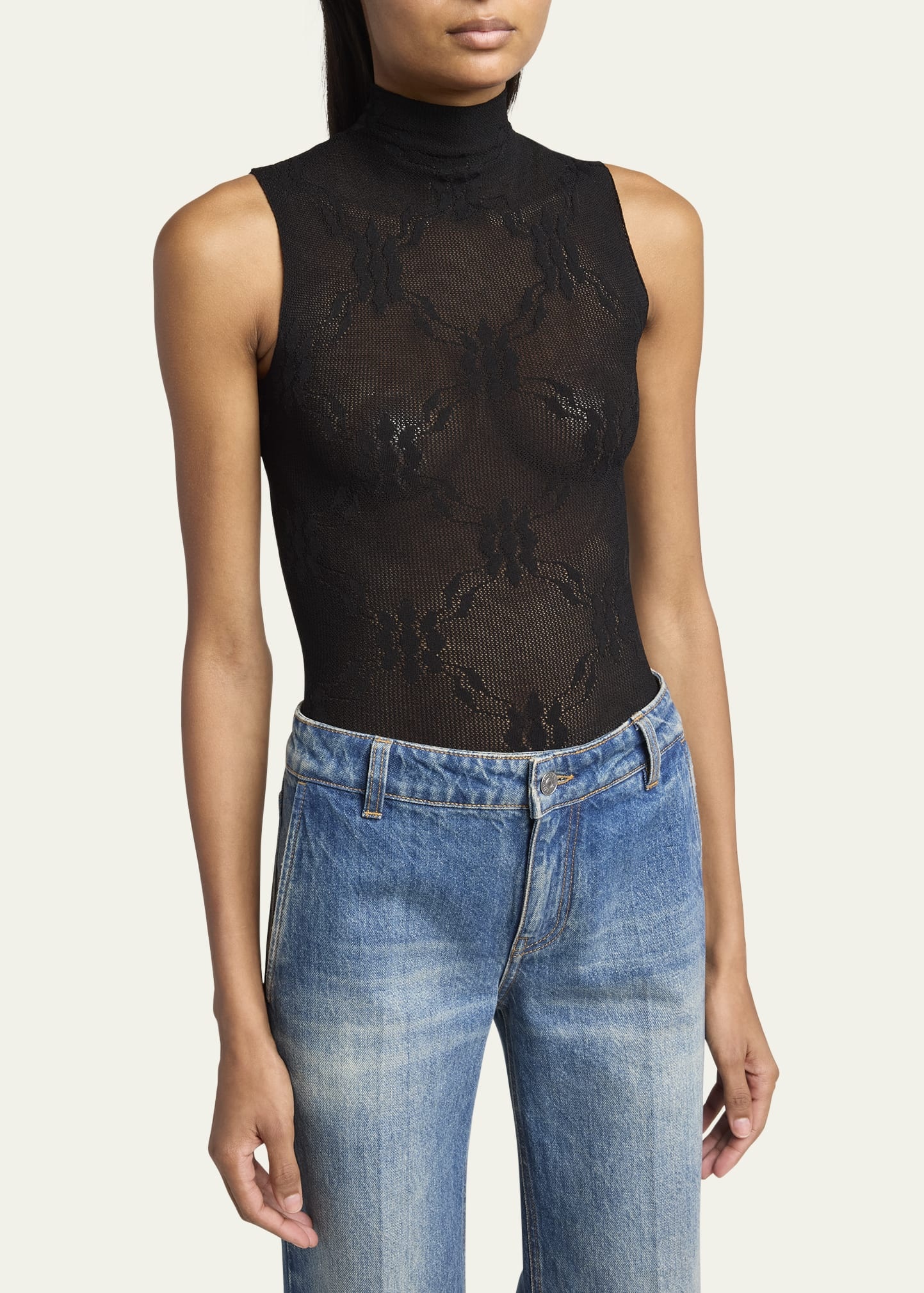 Mock-Neck Sleeveless Lace Bodysuit - 5