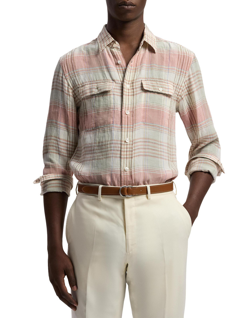 Men's Plaid Linen Long-Sleeve Sport Shirt - Raspberry 3